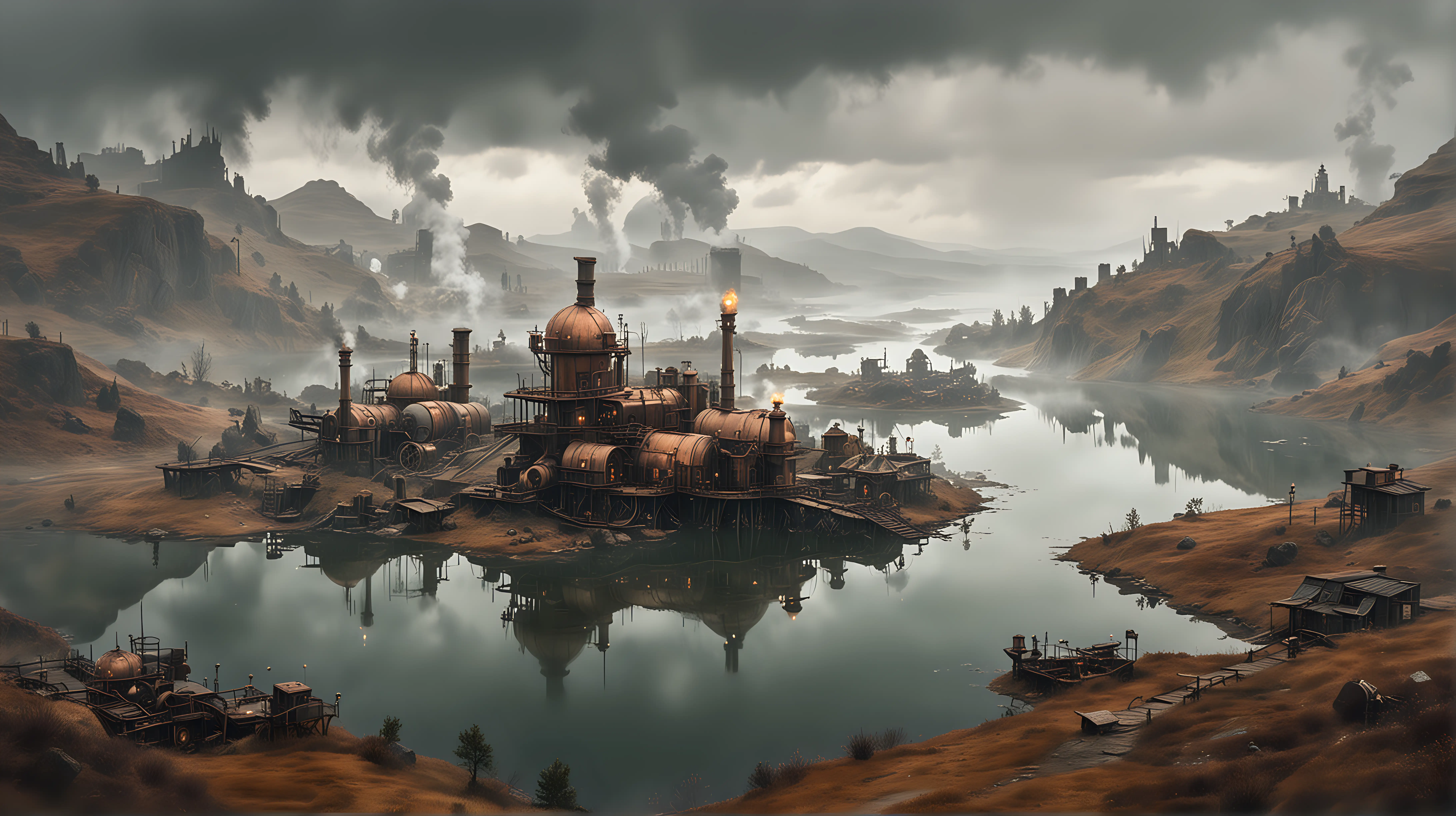 a small steampunk colony placed between two wild lakes, steam, fog, smoke, copper, brass, glass, cloudy and rainy, distant view from a high hill