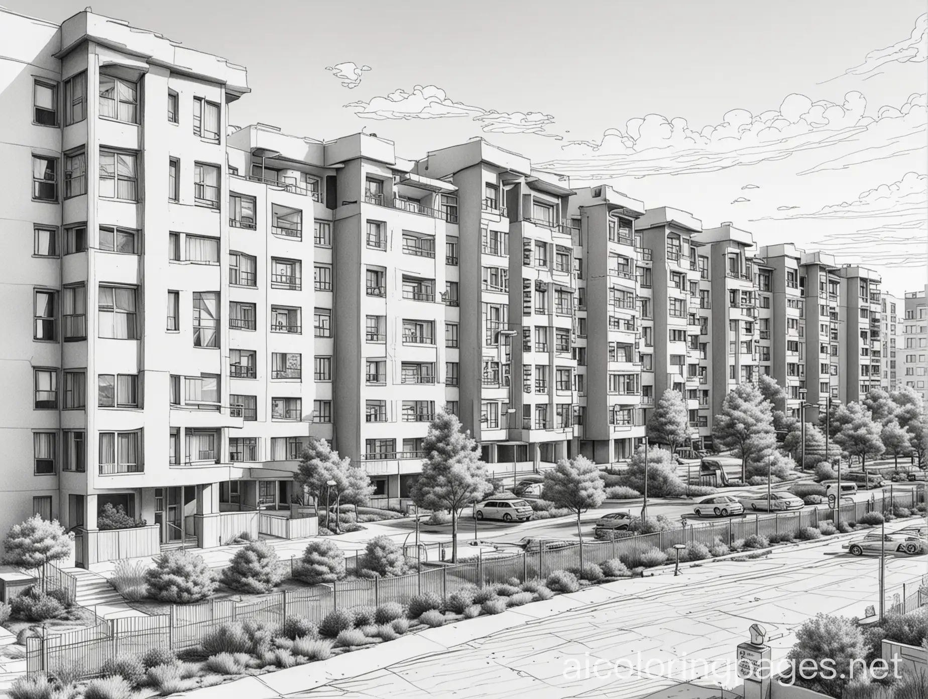 Generate a cartoon style black and white image of a large apartment complex with multiple buildings, landscapes and people to create a realistic and immersive scene. , Coloring Page, black and white, line art, white background, Simplicity, Ample White Space. The background of the coloring page is plain white to make it easy for young children to color within the lines. The outlines of all the subjects are easy to distinguish, making it simple for kids to color without too much difficulty