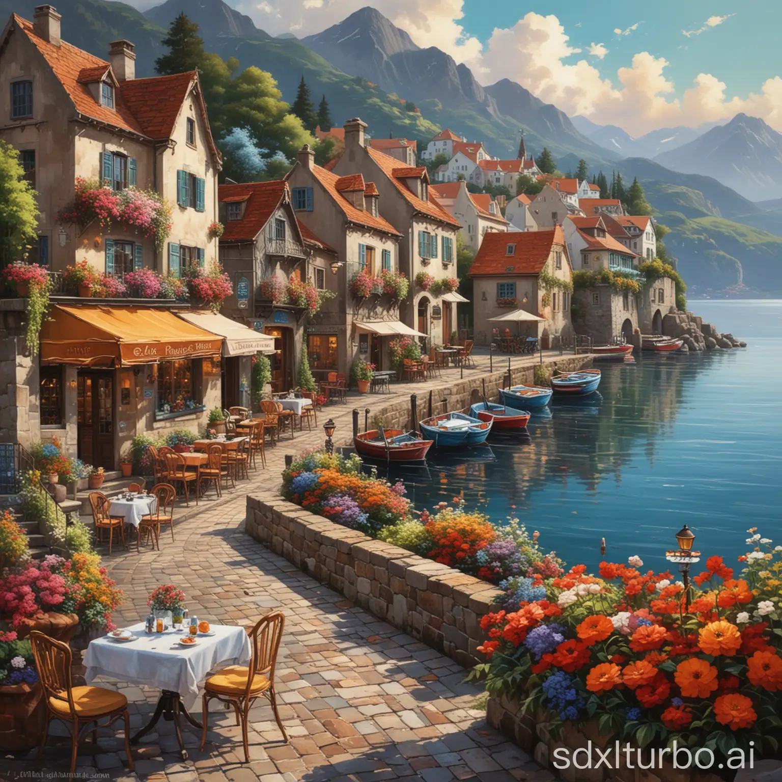 Charming-Coastal-Townscape-with-Vibrant-Cafe-and-Serene-Lakeside-View