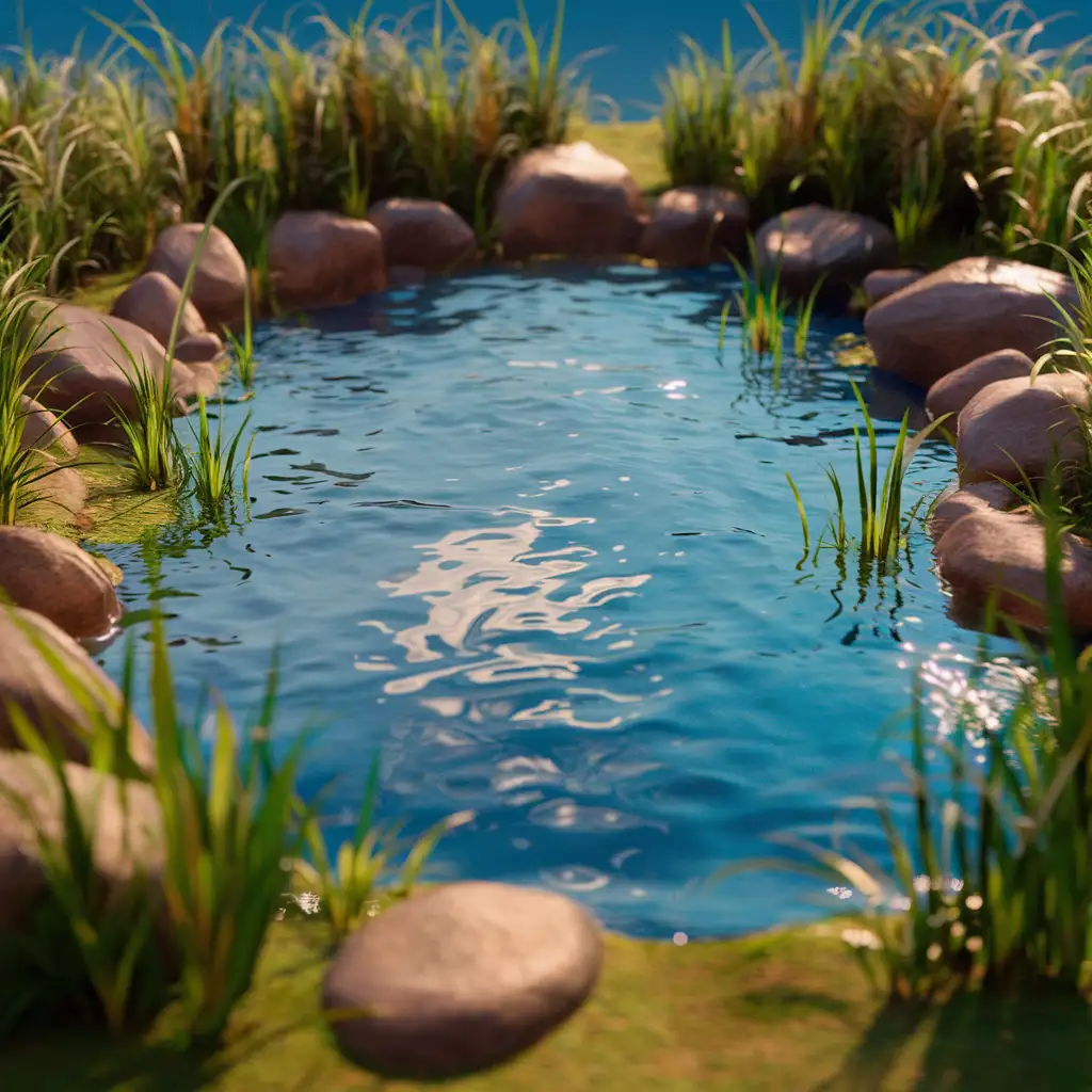 небольшой пруд, камни , трава, камыши.