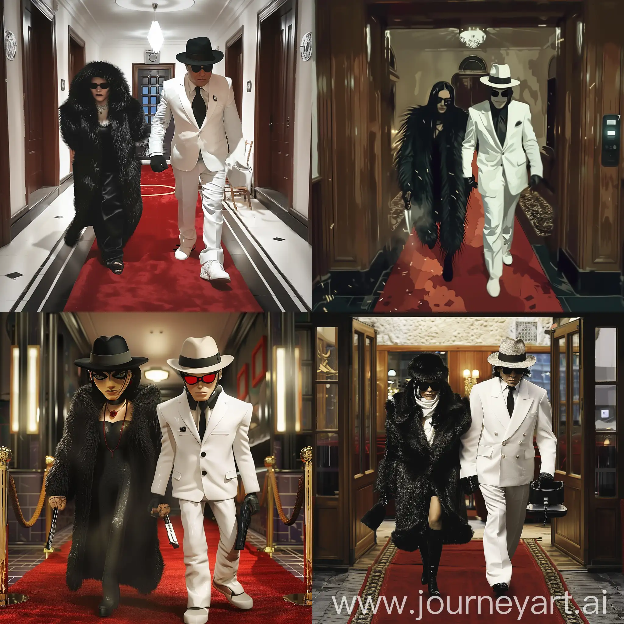 Турецкие Бони и Клайд в костюмах мафии идут в клуб по красной дорожке. Бони в черной шубе, Клайд в белом костюме и шляпе федоре, стиль Gorillaz