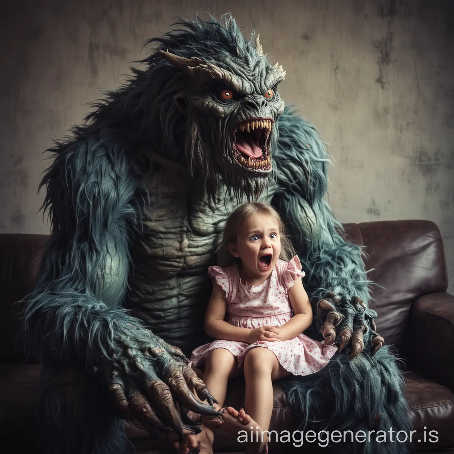 giant monster keeping a little girl on his lap and biting and trying to eat little girl. girl is full of fear