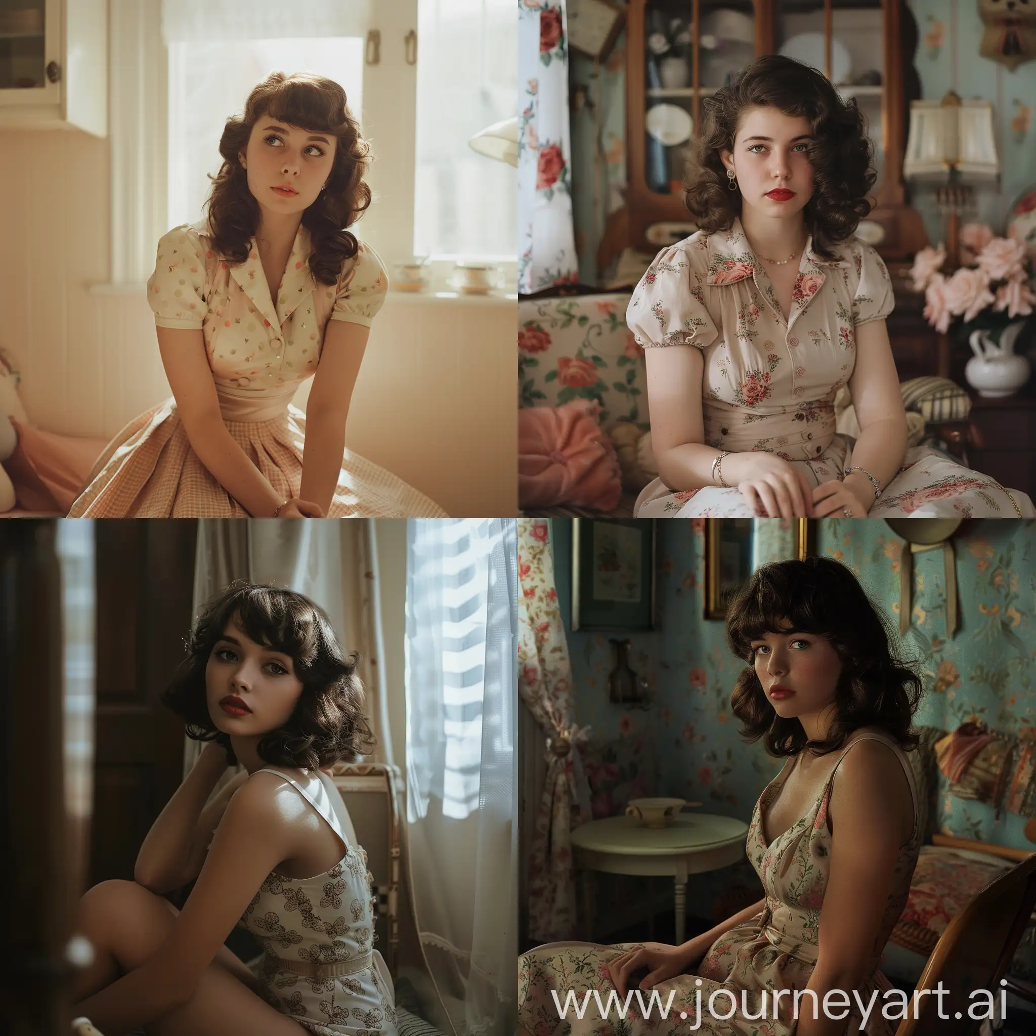 Retro-Girl-in-1950s-Costume-Sitting-in-Vintage-Room