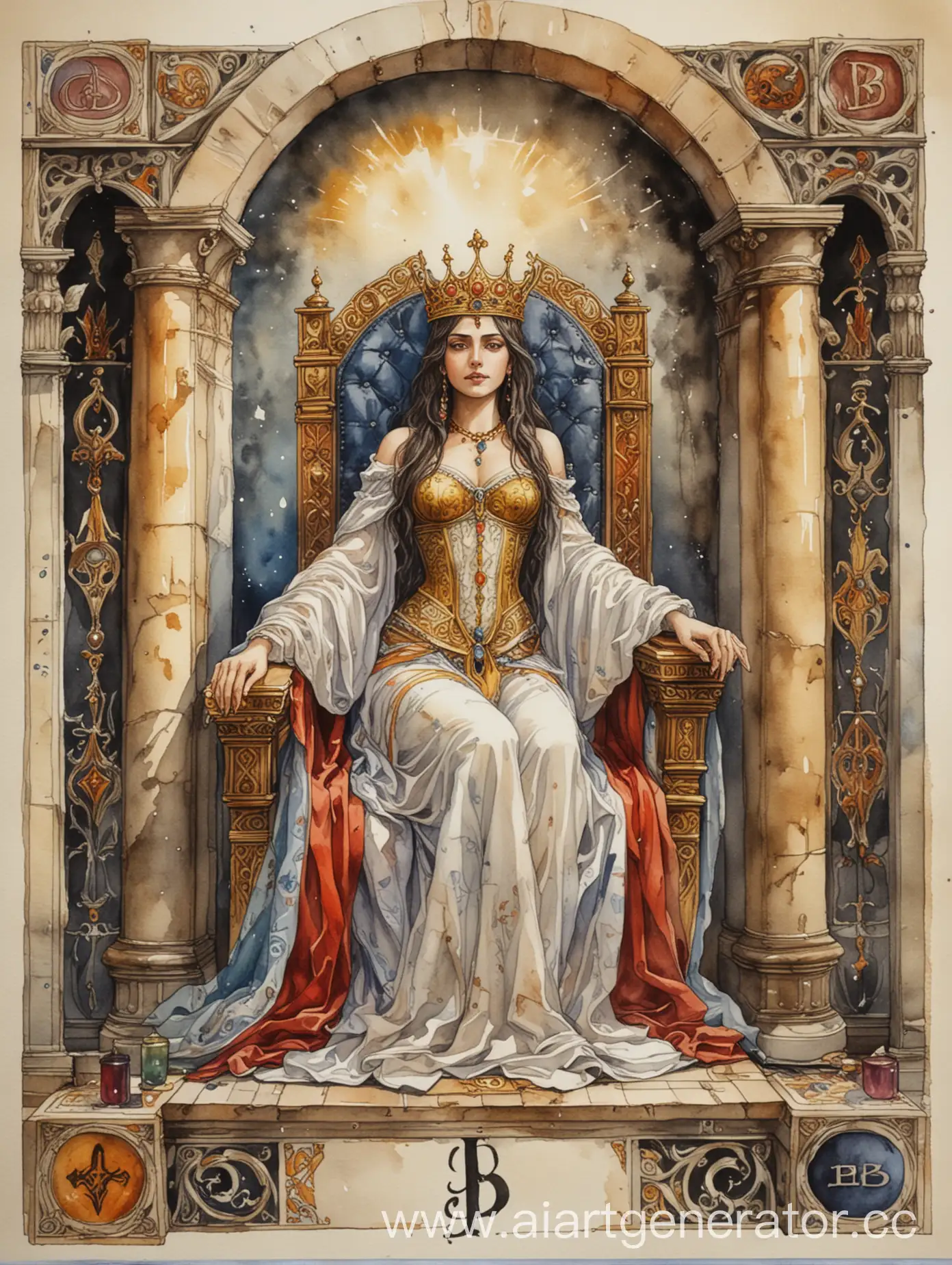 Watercolor-Tarot-Card-Arcanum-Priestess-with-J-and-B-Letters-and-Open-Book