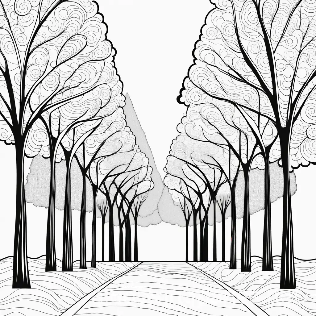 trees
, Coloring Page, black and white, line art, white background, Simplicity, Ample White Space. The background of the coloring page is plain white to make it easy for young children to color within the lines. The outlines of all the subjects are easy to distinguish, making it simple for kids to color without too much difficulty