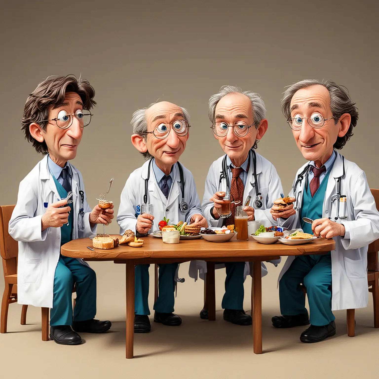 Three Doctors Enjoying Lunch Together in a Cheerful Cartoon Scene
