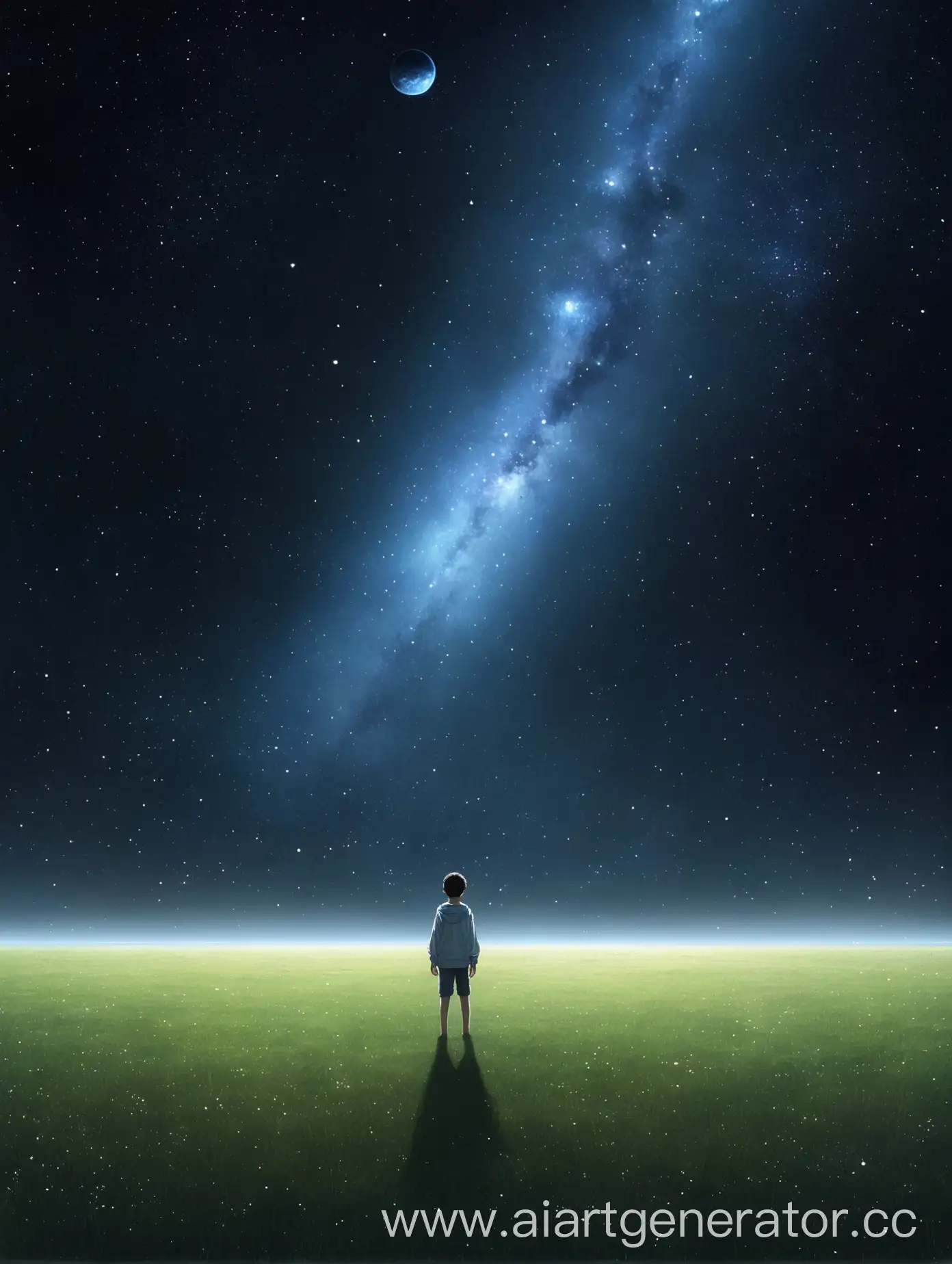 Boy-Standing-on-Field-with-Expansive-Space-Sky