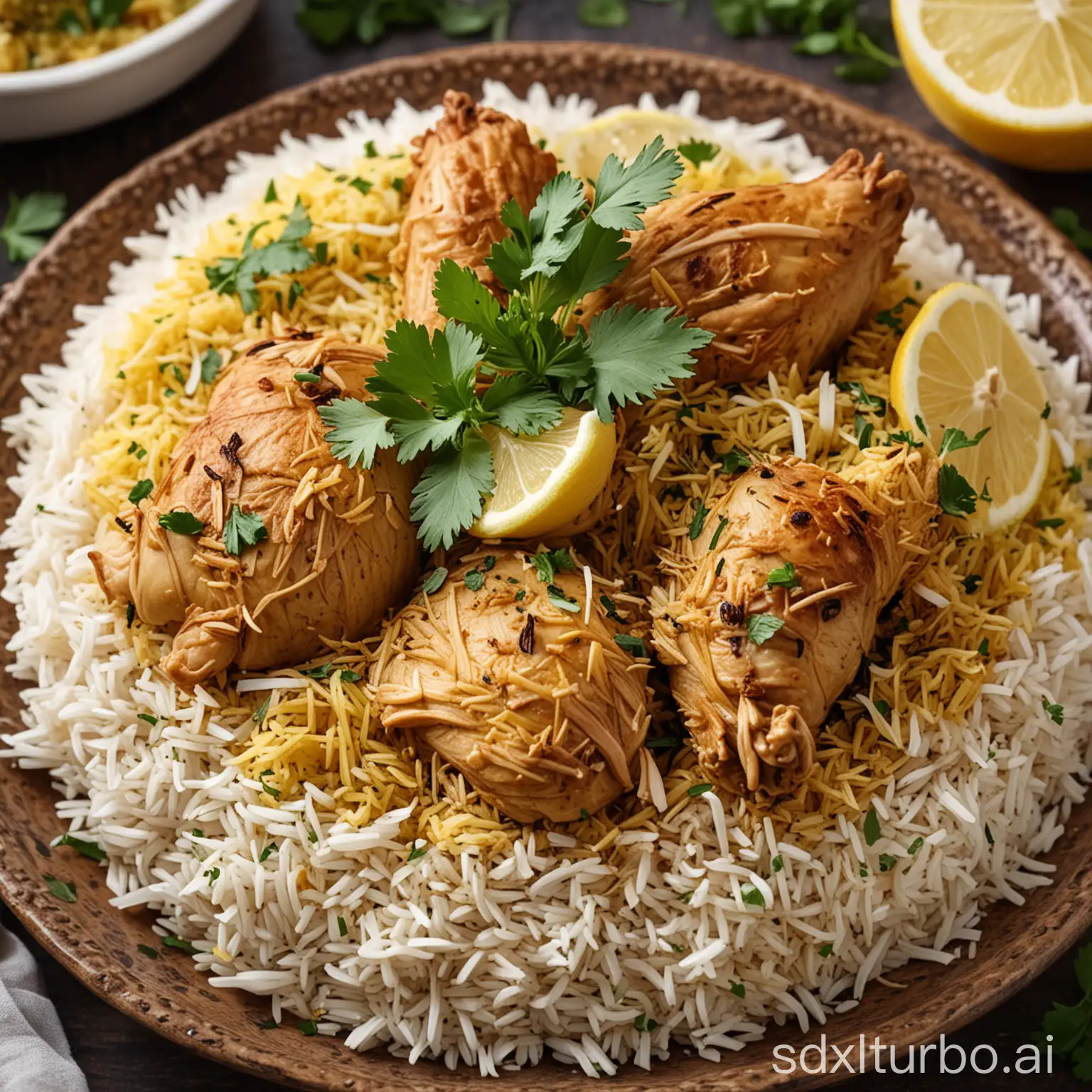A close-up image of a plate of steaming, fragrant biryani. The rice is fluffy and golden, and the chicken is tender and juicy. The biryani is garnished with fresh cilantro and mint, and a wedge of lemon.