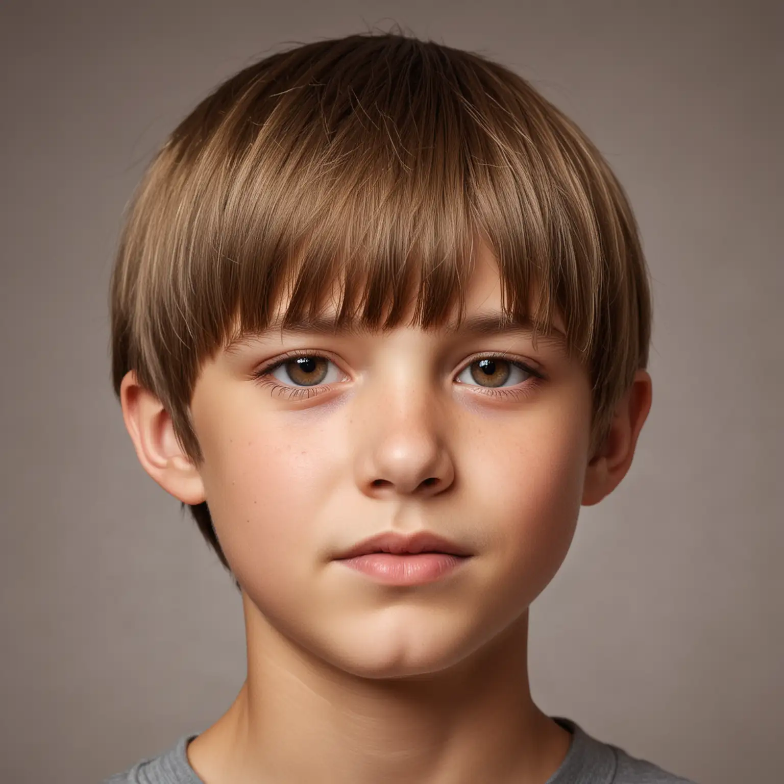 Studio quality photo of  eleven year old boy with soft, shiny light brown  hair with highlights,  bowl cut,  soft light overhead,  view from side of face