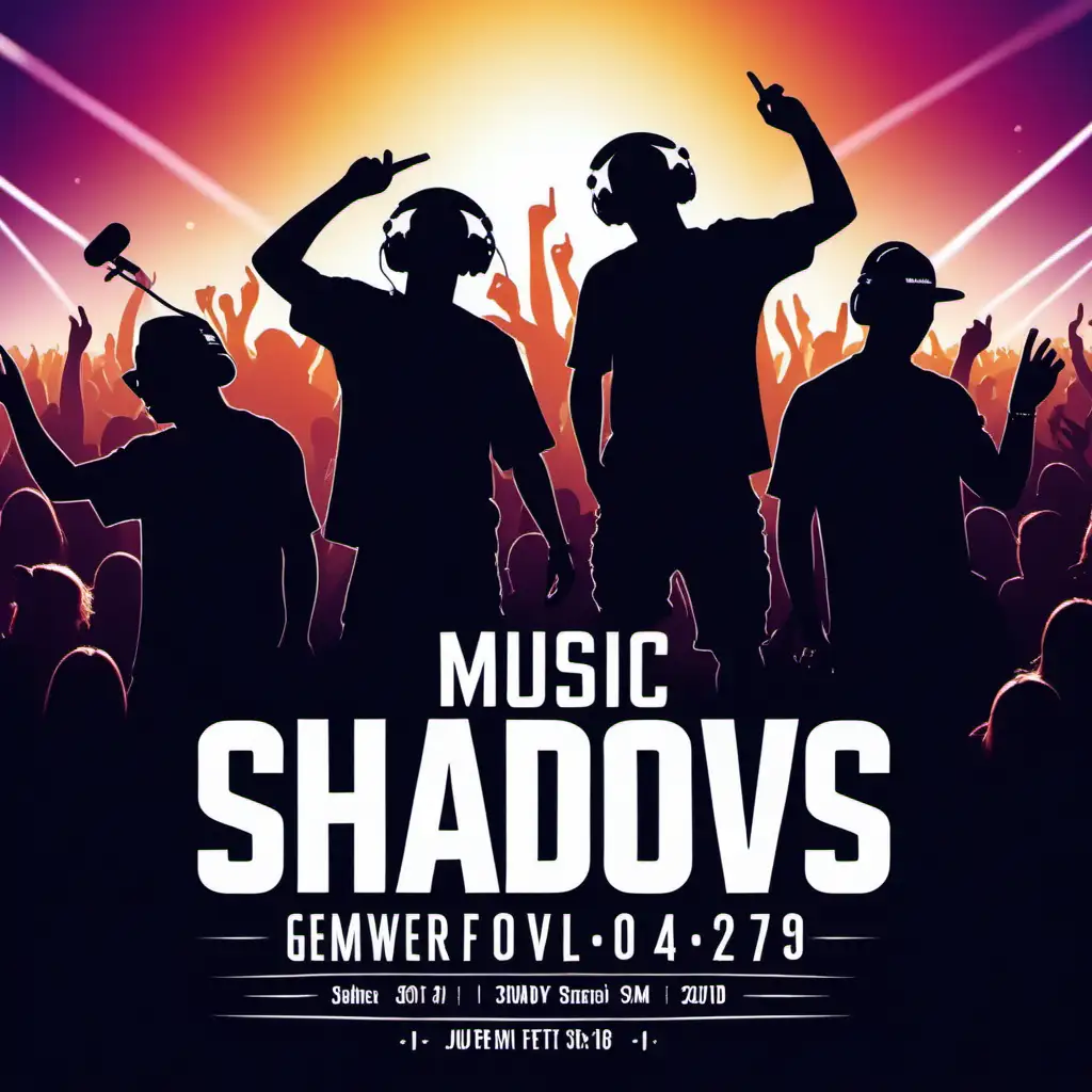 generate professional  detailed poster for music festival event featuring 4  shadows as dj without displaying face make it artistic and add music festival elements.