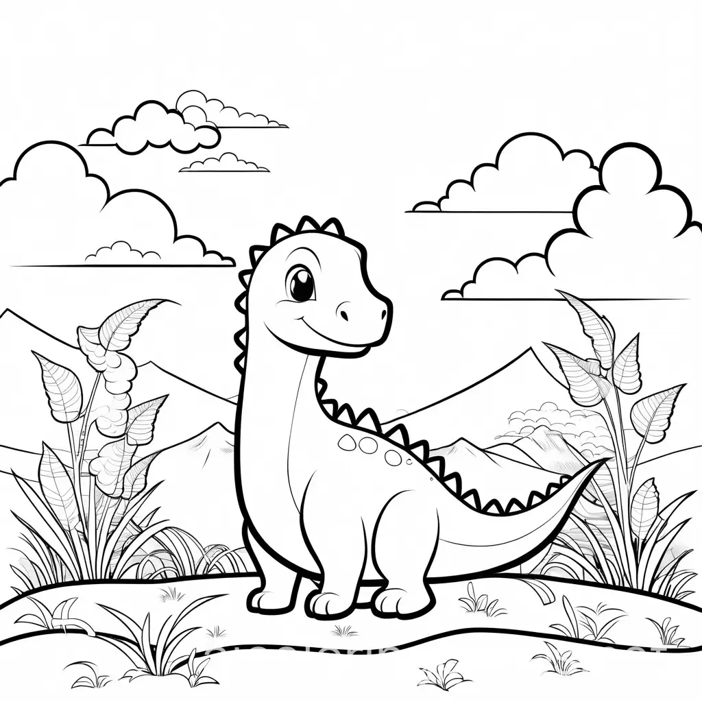 a cute dinosaur around grass, clouds, tree, Coloring Page, black and white, line art, white background, Simplicity, Ample White Space