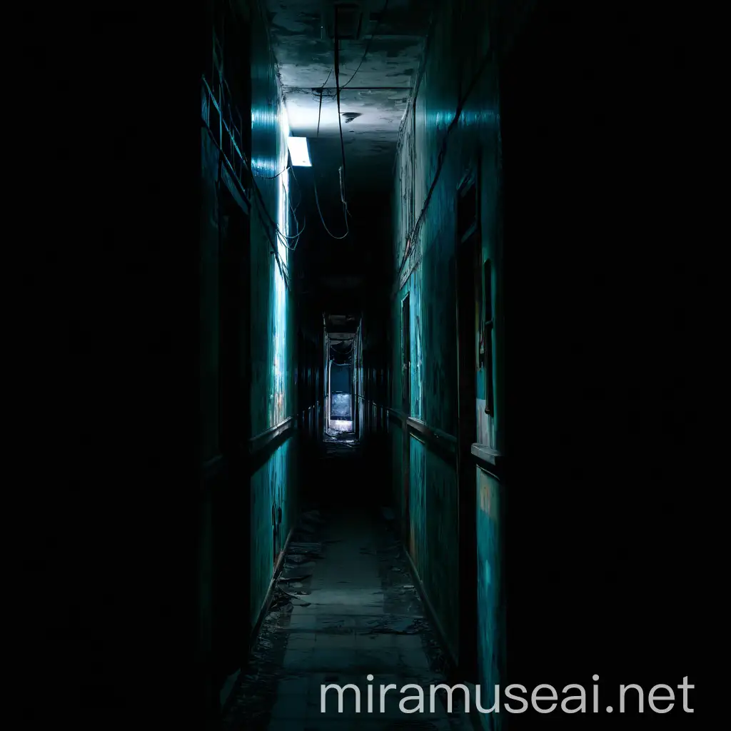 a long dimly lit abandoned corridor, no doors on the sides, only walls, wires hanging from the ceiling