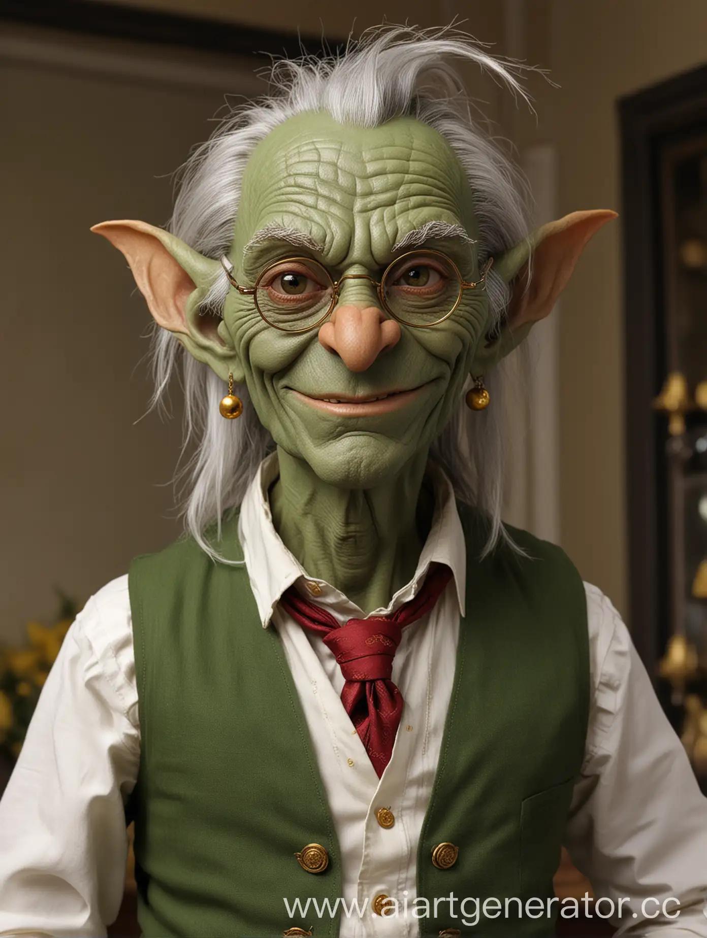 A green aged goblin stands in a rich room, he can be seen from head to toe, he has long gray hair on his head, tucked in a ponytail with a black rubber band, one round gold earring on his ears, on his slightly wrinkled face there are gold glasses with round lenses, golden irises, he is dressed in a snow-white shirt, red tie, black classic vest and black classic pants, he has a big smile on his teeth and his hands are in locks