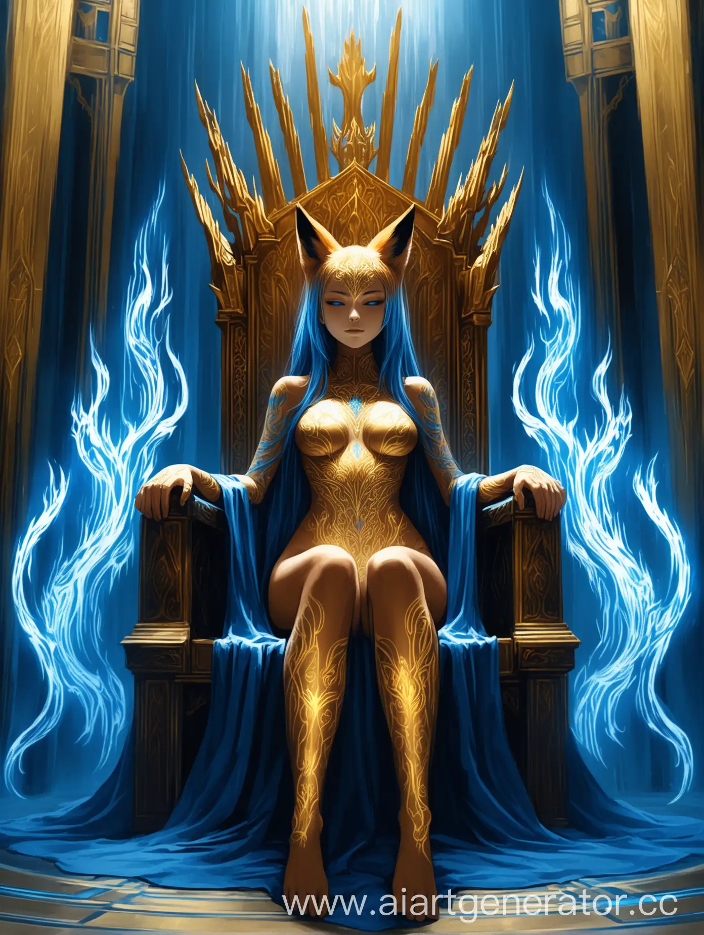 A fox in the image of a girl with golden tattoos on her body and an ambient blue aura in the throne room