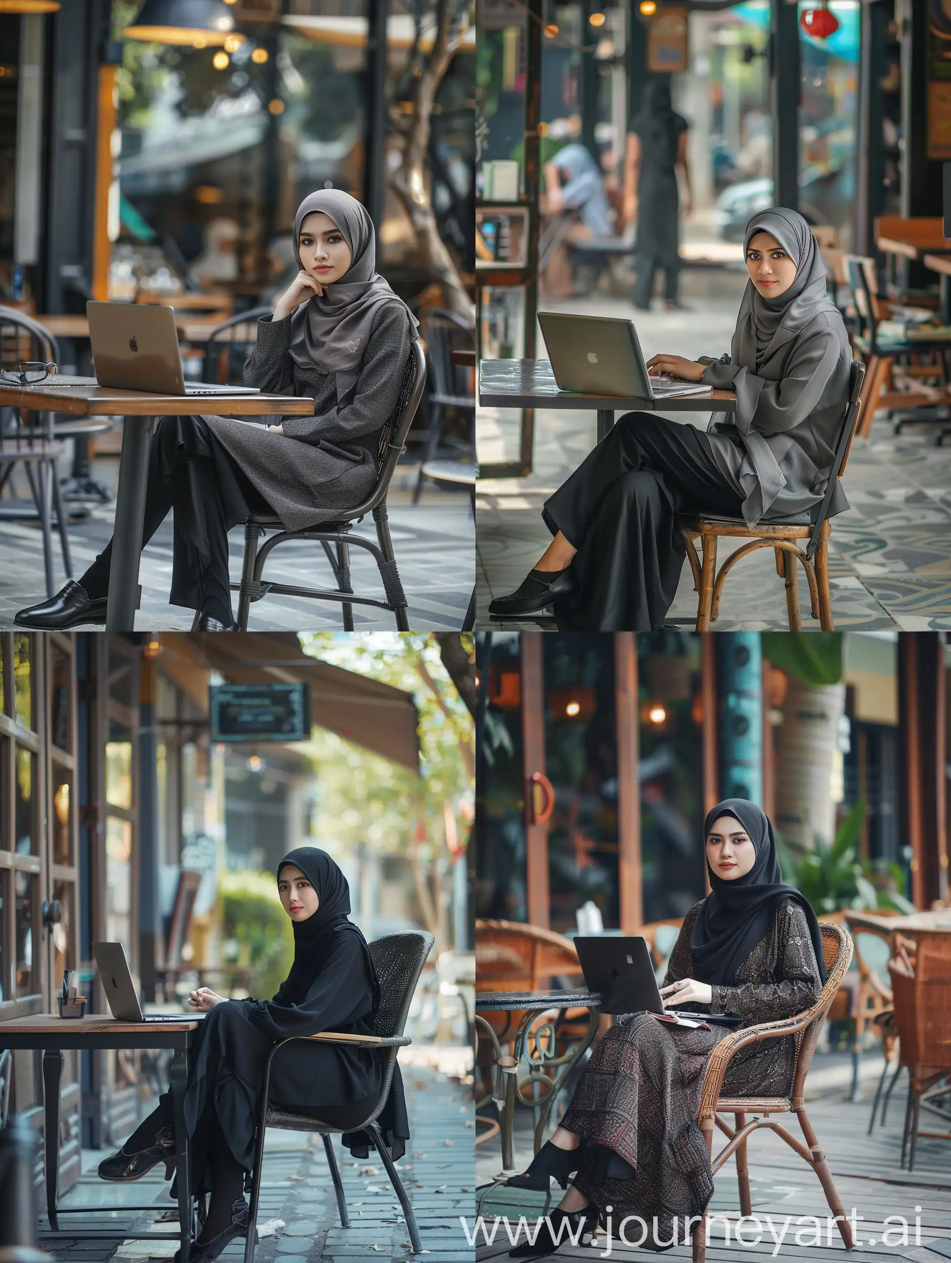 indonesian beautiful woman, wearing hijab, arabian face, wearing official dress with shiny black shoes, sitting relax in a chair with table, there's a laptop on the table, outdoor cafe background, cinematic, very detail, ultra HD, sharp focus, realistic photography