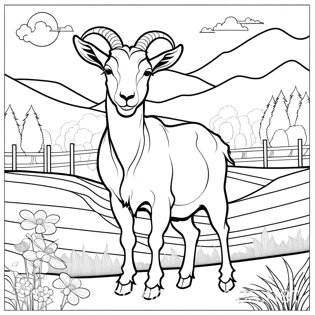 goat on a farm , Coloring Page, black and white, line art, white background, Simplicity, Ample White Space. The background of the coloring page is plain white to make it easy for young children to color within the lines. The outlines of all the subjects are easy to distinguish, making it simple for kids to color without too much difficulty