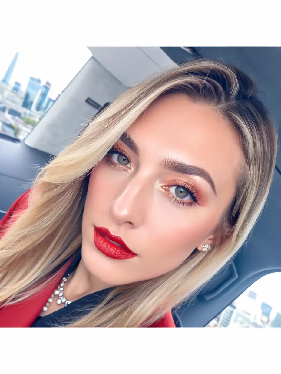 Same face person hyperrealistic image. highest quality, change hair color to blonde, standing at london city smart casual Armani red suit closed very high.. lips very shiny by the shiniest lipgloss looks direct to camera. she wears not any jewelry. No hands are in camera, hands are on back neck.