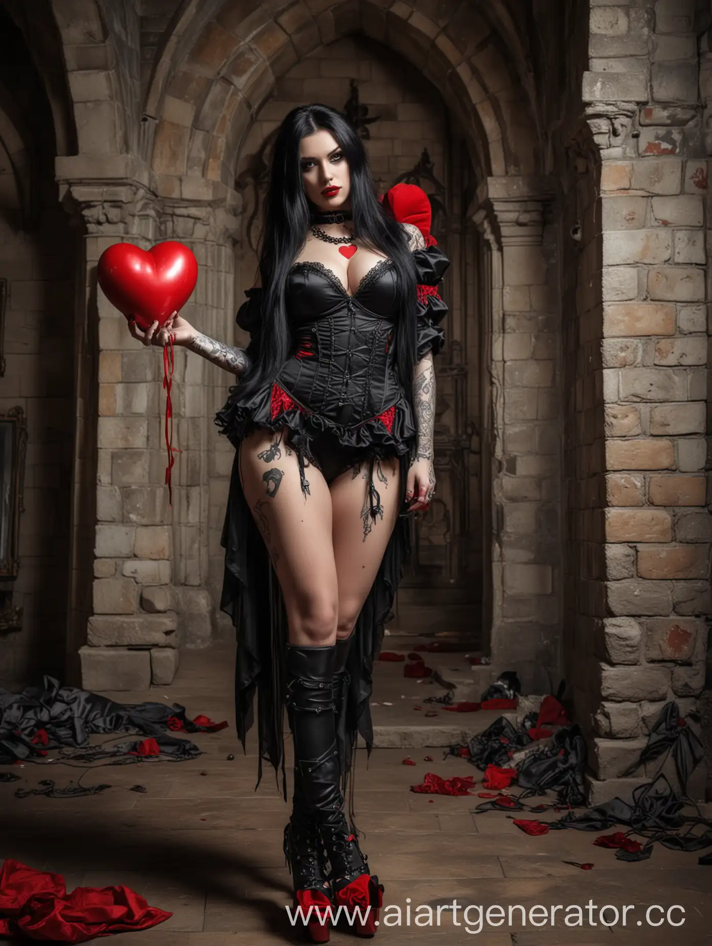 Gothic-Beauty-Holding-Red-Toy-Heart-in-Medieval-Castle-Interior