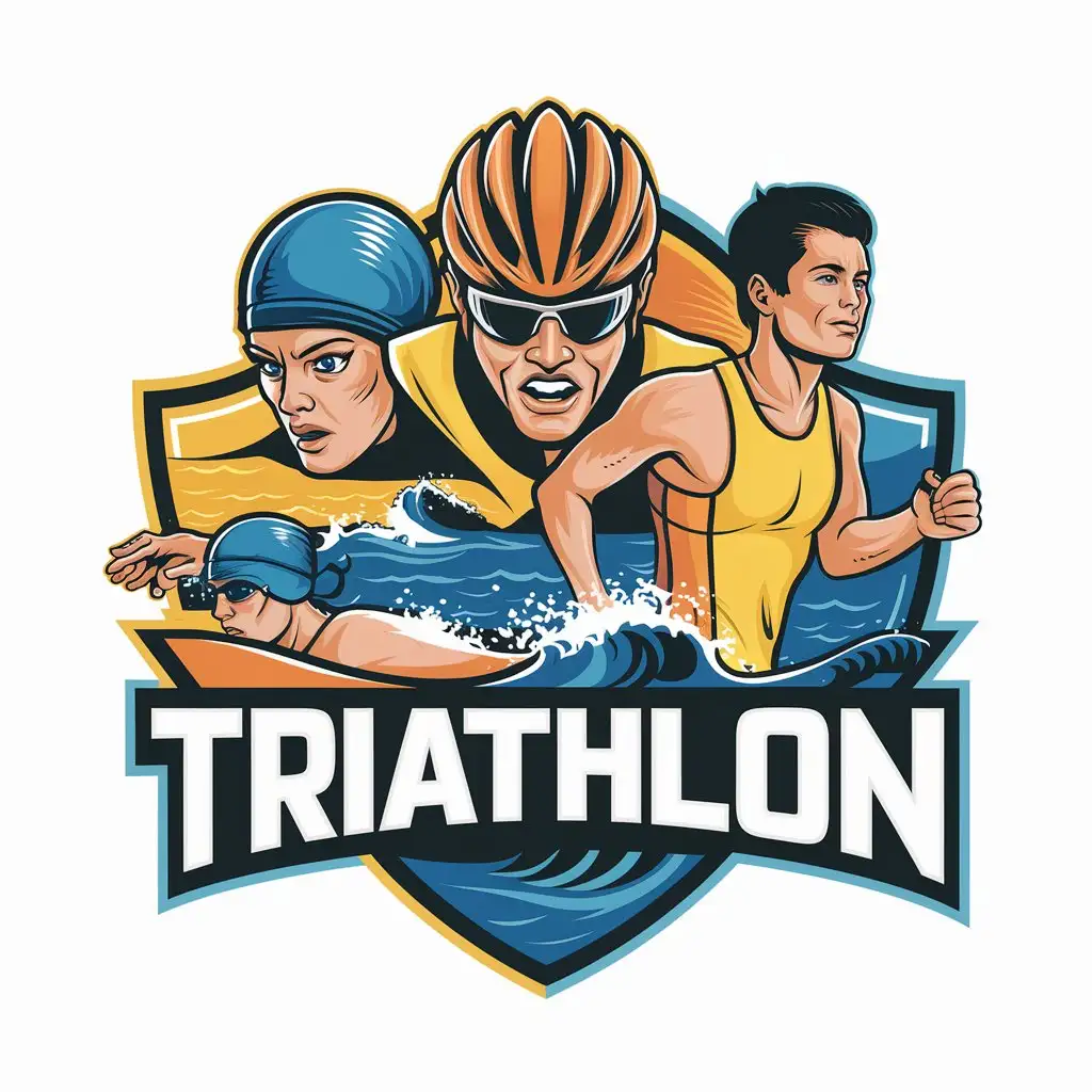 créer moi une logo pour le triathlon avec un cycliste un nageur un coureur de couleur jaune orange et bleu avec une inscription triathlon et la mer