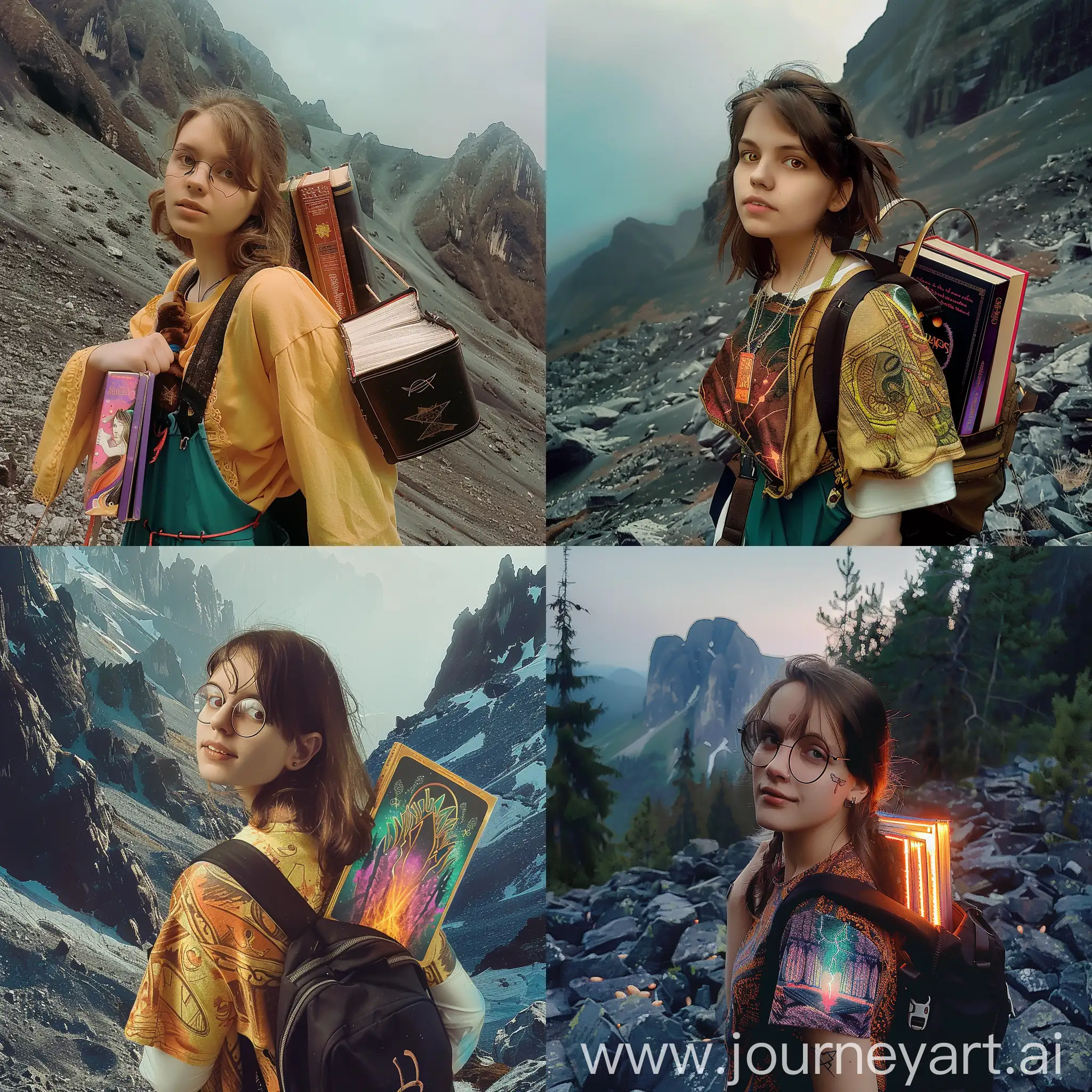 A girl in the mountain with magic books on her back, real style 