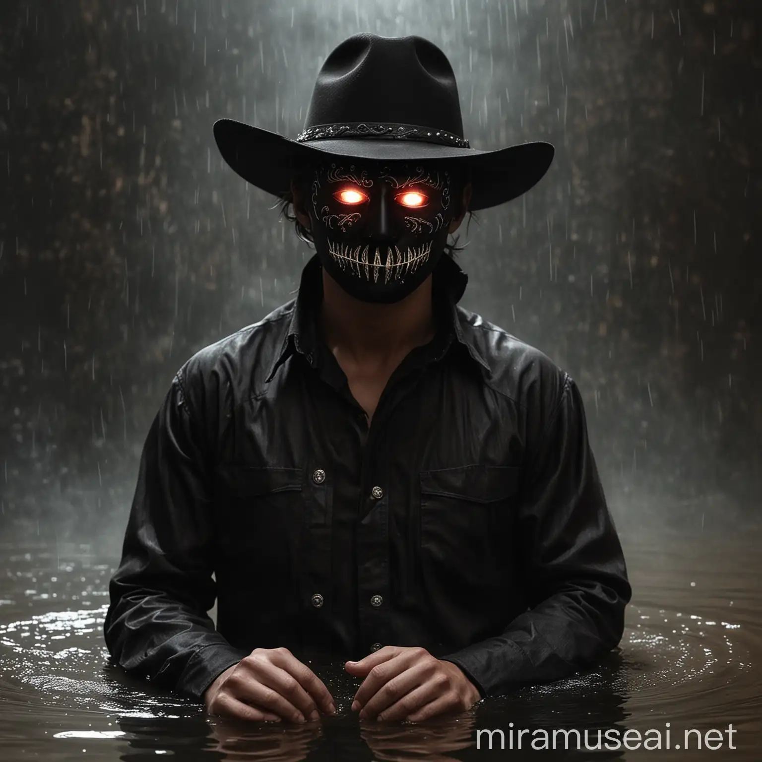 Make the guy wear a blck cowboy hat and black mask. With glowing white eyes and a black and brown outfit. make the water red