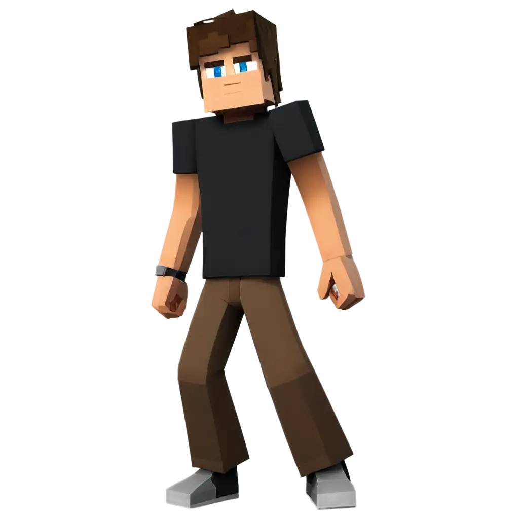 minecraft cartoon character from the front wearing a black T-Shirt and brown trouser and dark brown hair and black eye