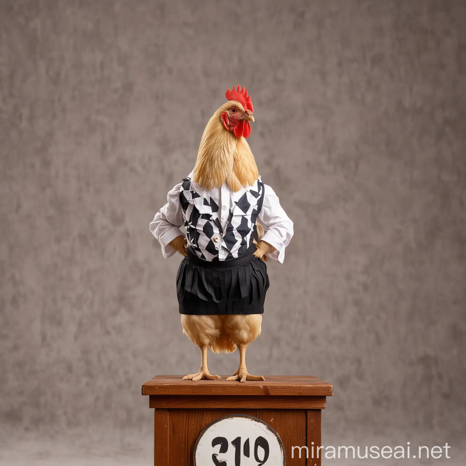 A chicken is standing behind the podium in official clothes and is protesting