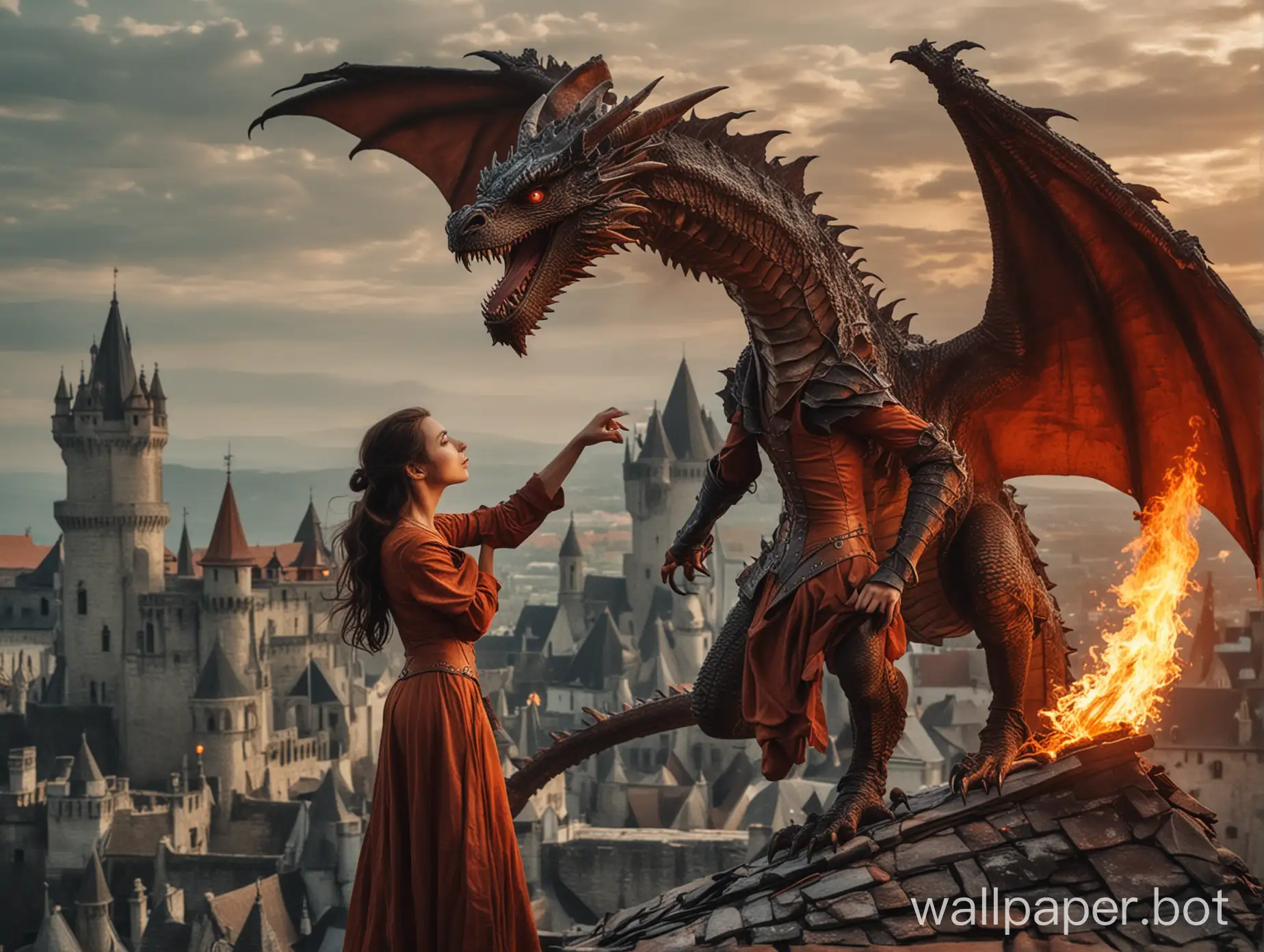 beautiful brunette girl in embrace with fire-breathing dragon stands on roof of medieval castle