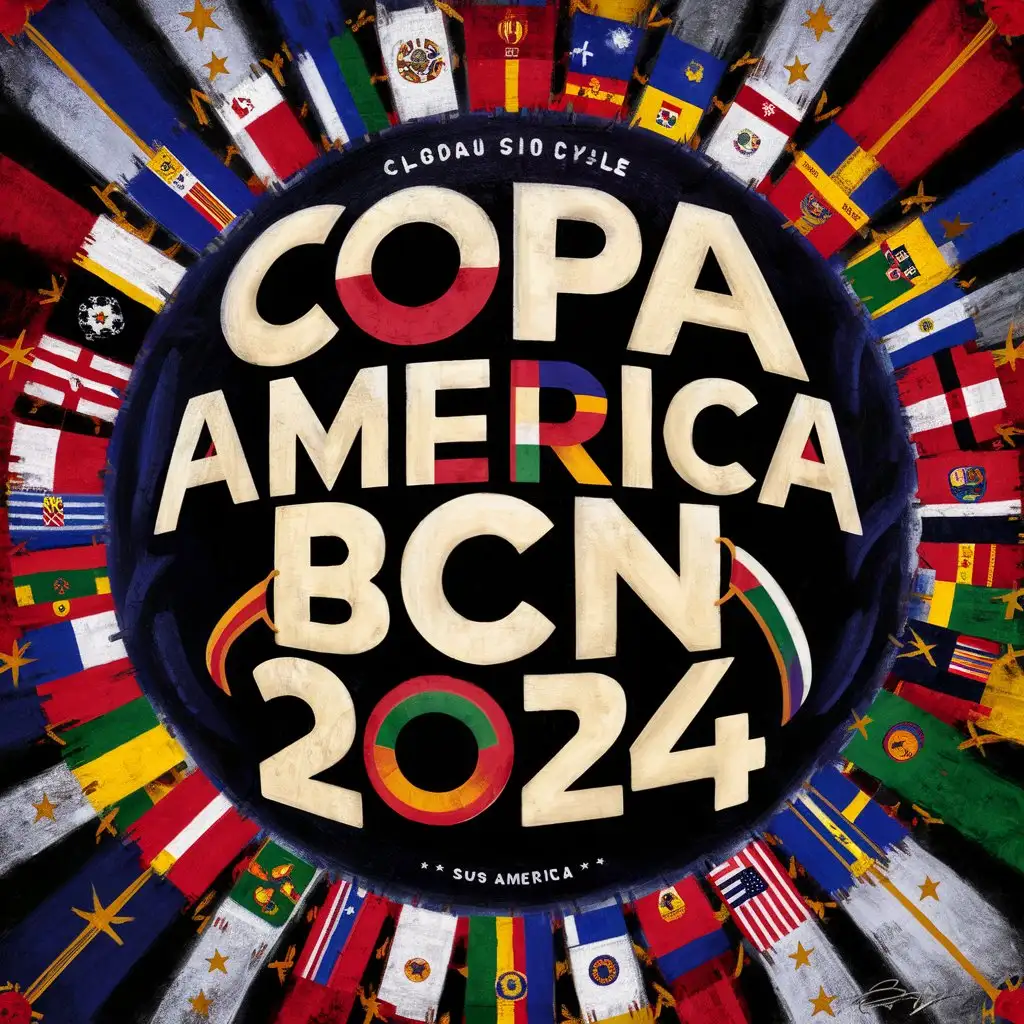 Créa la palabra « Copa America bcn 2024 » con estilo mundial con fondo de todas ls banderas de América 