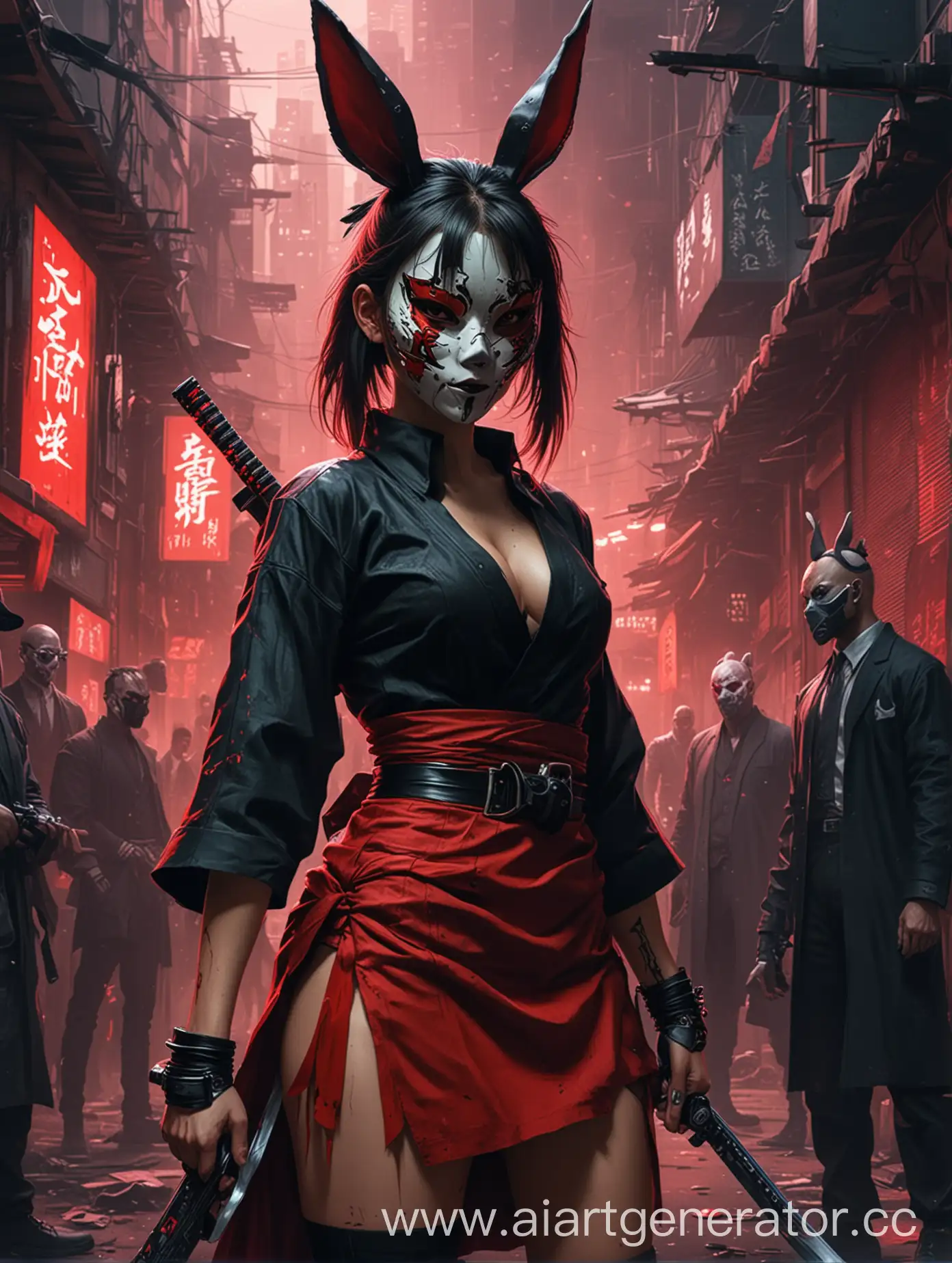 Киберпанк самурай в черной рубашке и в маске зайца режет мафиози и девушку в красном платье 