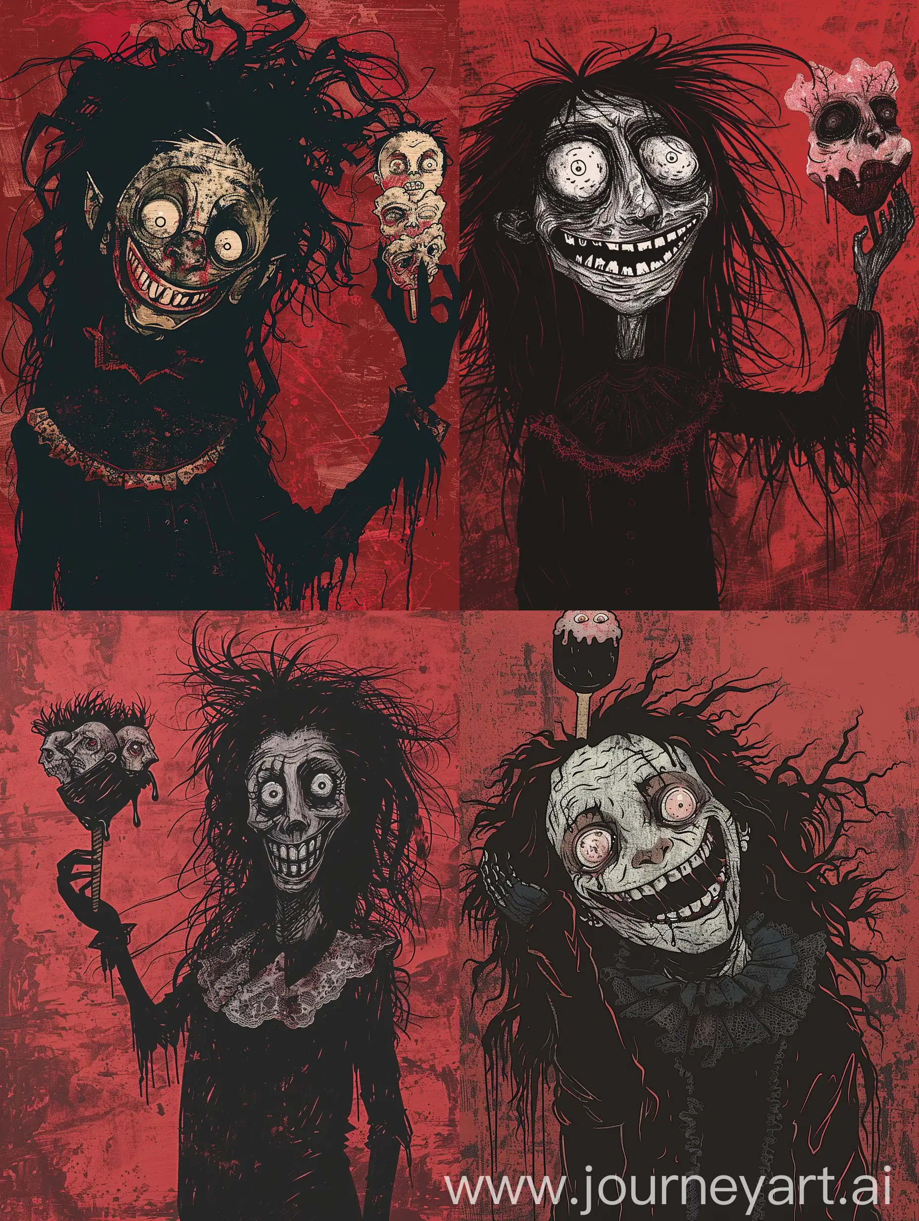 digital illustration, dark gritty art style, horror, psychological themes, distorted face with large unsettling grin and wide staring eyes, a character with long, messy black hair cascading down. The character is wearing a black outfit with a lace collar, adding an air of mystery. The character's hand is raised, holding a melting ice cream composed of three male heads. predominantly red rough textured background, muted tones with red accents, macabre atmosphere, dark messy hair blending into shadowy background, intense and eerie mood, expressive and exaggerated features, high contrast, rough expressive lines, The art style is intricate with fine lines, creating a deep and eerie atmosphere. The high contrast between the dark attire and the background enhances the overall sense of enigma and shadow.