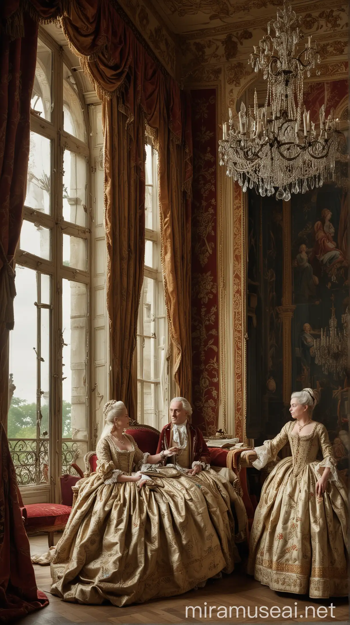 In an opulent French palace, King Louis XVI is seen in an elegant room decorated with lavish furnishings and intricate tapestries. He appears distressed, consulting with a royal physician about his condition of phimosis. Nearby, Marie Antoinette stands by a large window, looking concerned yet supportive. The scene is set in the late 18th century, with ornate chandeliers and rich, velvet drapes.

