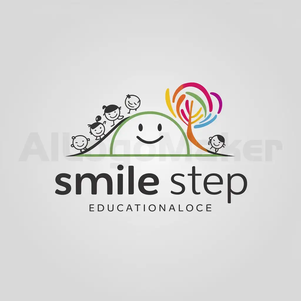 a logo design,with the text "Smile step", main symbol:hill, smiling, children, colorful tree,Minimalistic,be used in Education industry,clear background