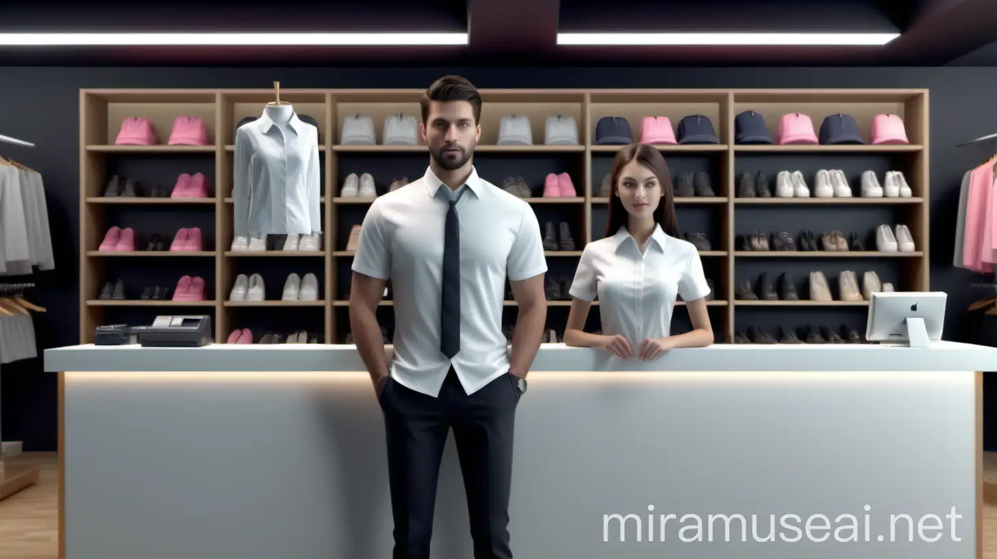 1 girl and 1 man employees standing on cash counter at clothing store 3D, hyper realistic 3D, 4K
