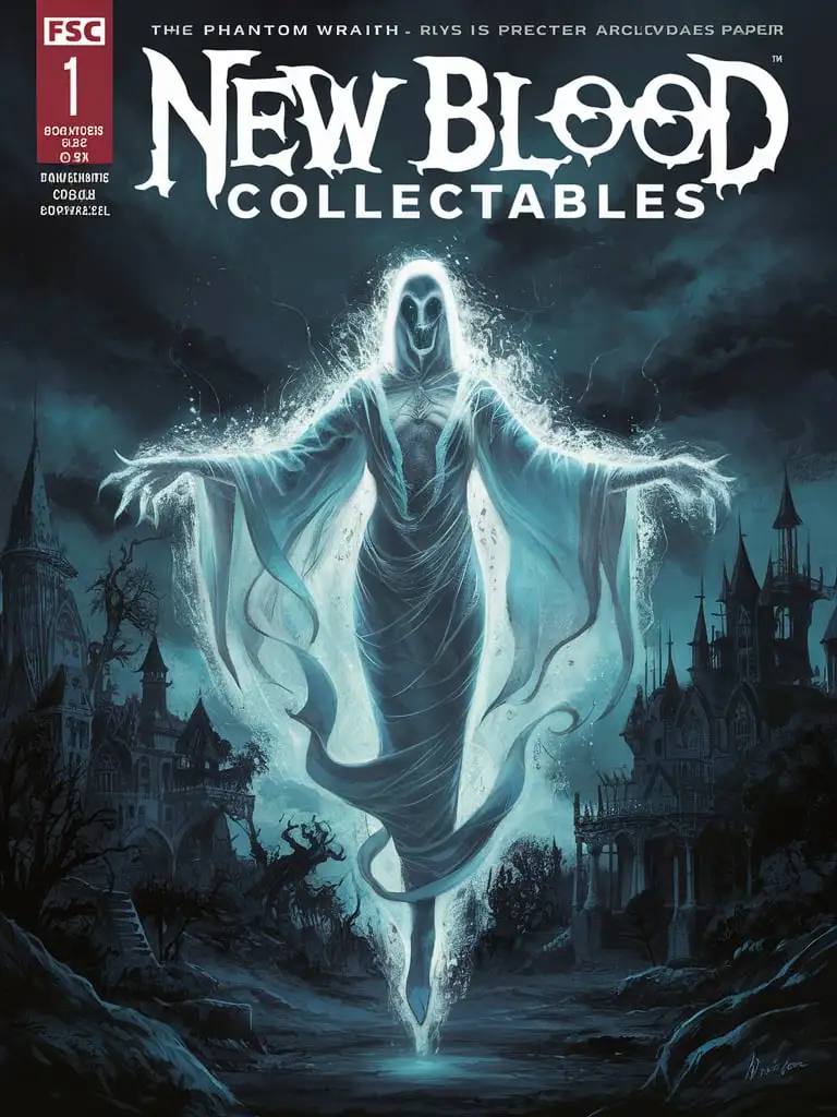 Design an 8K #1 comic book cover for "New Blood Collectables" featuring ""Specter, the Phantom Wraith."" Use FSC-certified uncoated matte paper, 80 lb (120 gsm), with a slightly textured surface. Description: Specter floats eerily, its ghostly form shimmering with an otherworldly glow, as it gazes out upon a haunted landscape...

