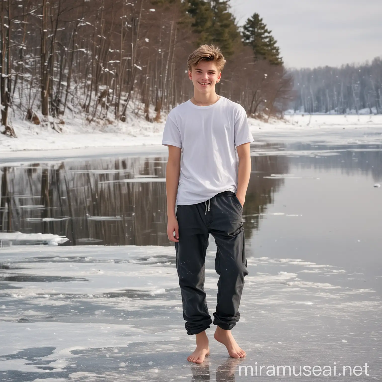 Smiling Teenage Boy Enjoying Winter on Frozen Lake