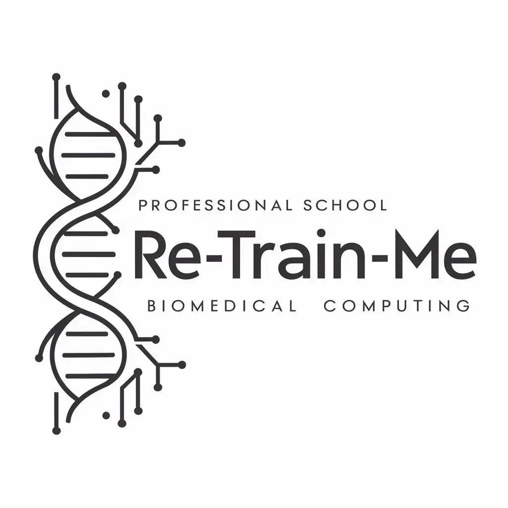 A visual logo on background showing pattern related to DNA and Computer for a professional school in biomedical computing showing only the text RE-TRAIN-ME