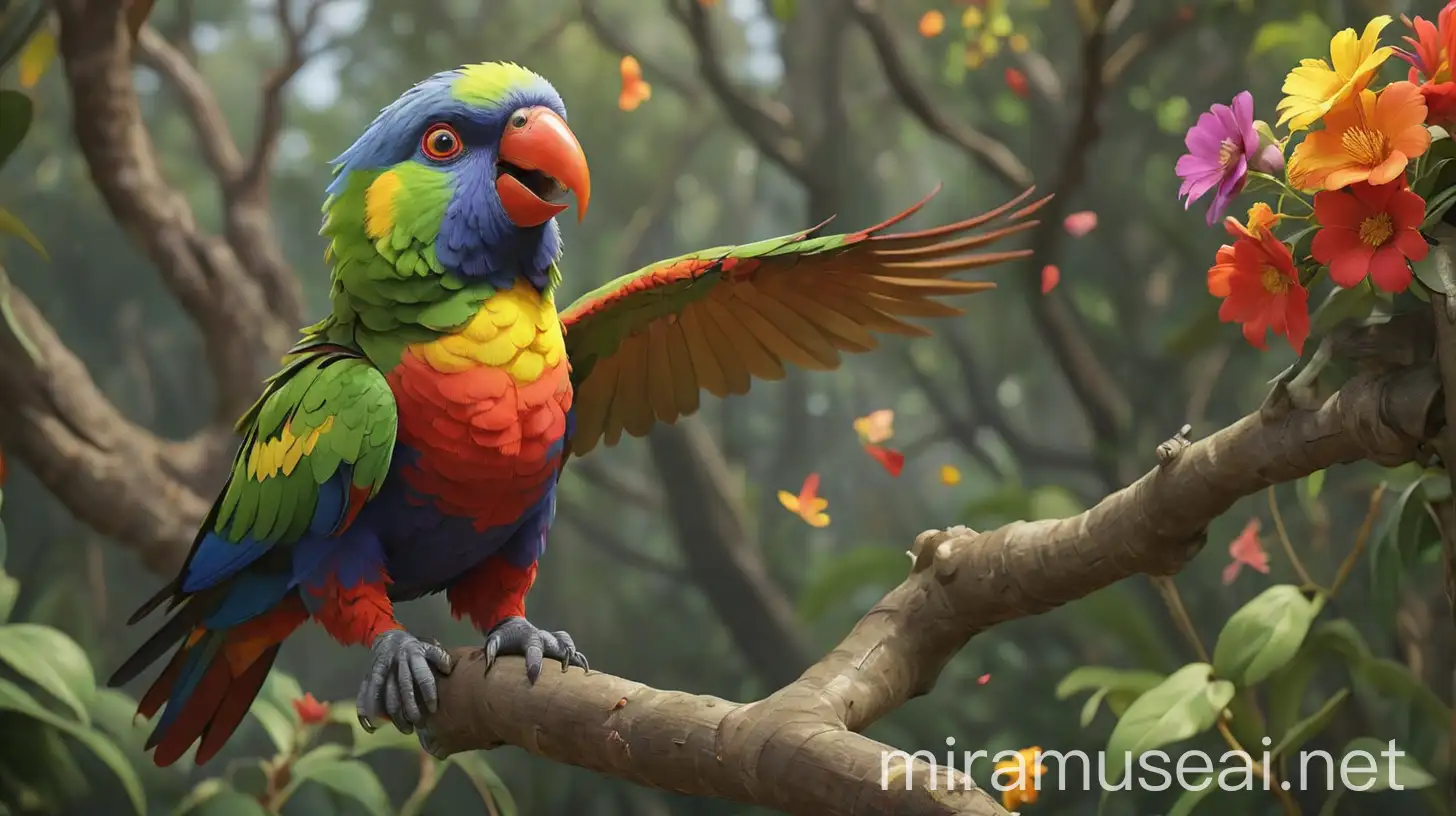 /imagine prompt: 3D animation, personality: [Illustrate a Rainbow lorikeet leading the monkey to the tree with colorful flowers. Show their awe and excitement as they discover the beauty of the flowers and their transformative properties]unreal engine, hyper real --q 2 --v 5.2 --ar 16:9

