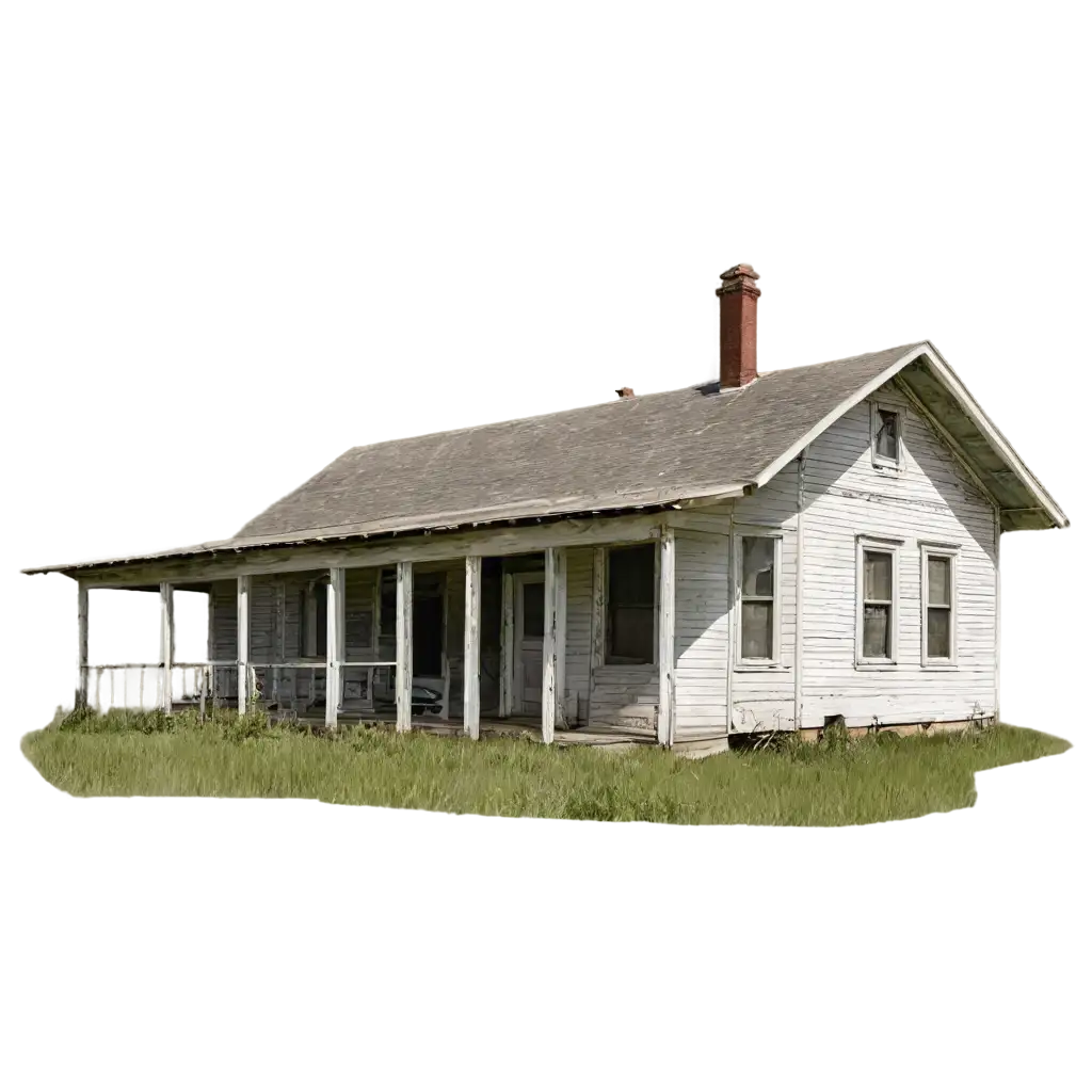 old 1880's mid west single story prairie house. White with peeling paint. Housing only no forgound or back ground. Very detailed. High resolution. classic art feel.