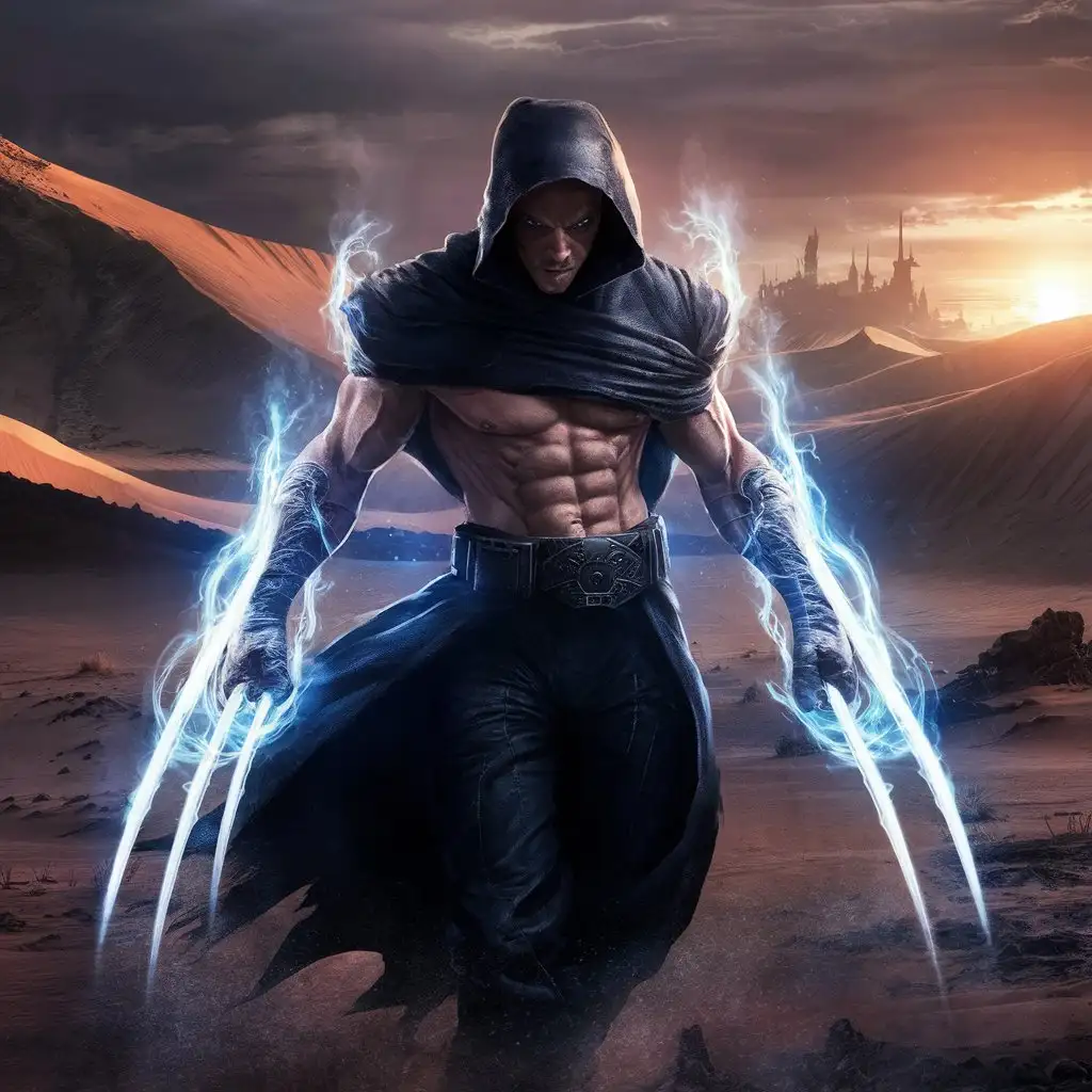 cinematic realistic style: lean male warrior with blue energy claws, in desert