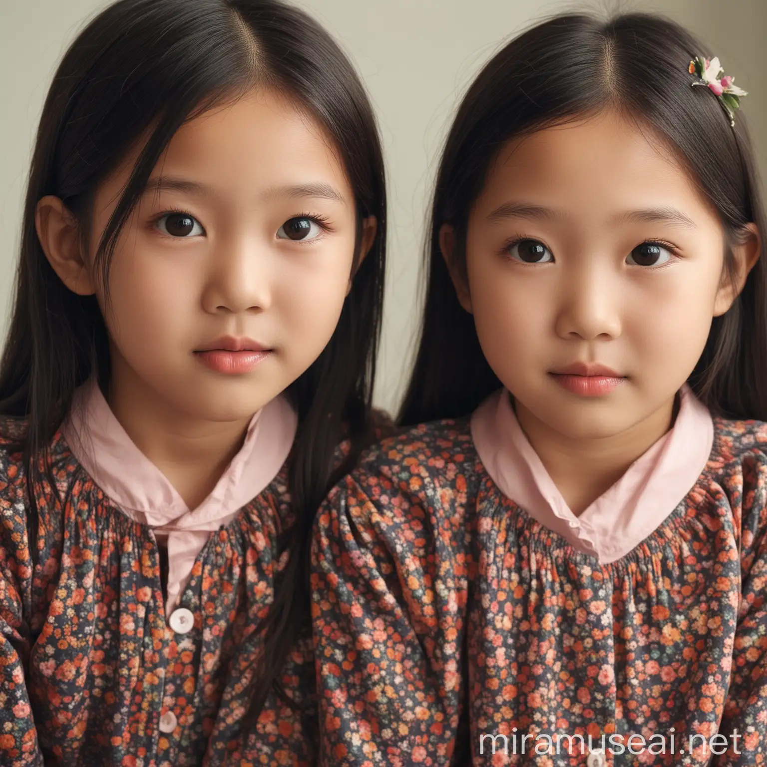 Asian Twin Girls 10YearOlds Smiling Together