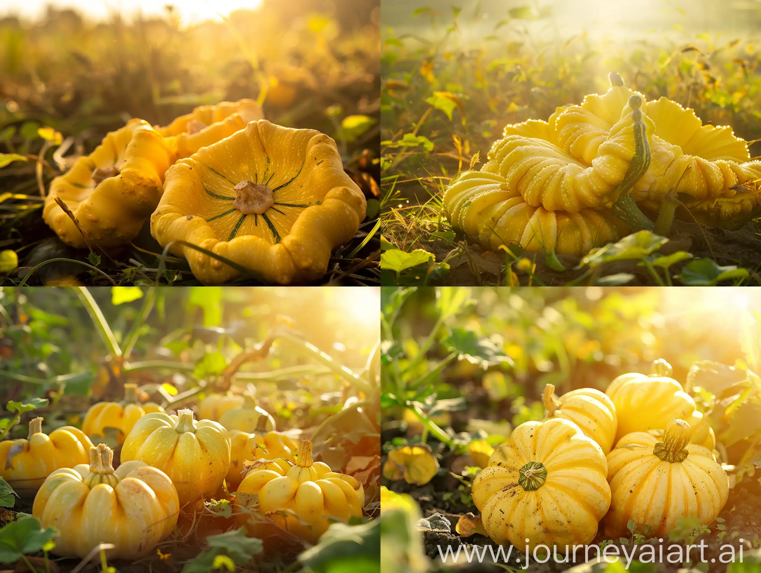 High detailed photo capturing a Squash, Sunburst Hybrid. The sun, casting a warm, golden glow, bathes the scene in a serene ambiance, illuminating the intricate details of each element. The composition centers on a Squash, Sunburst Hybrid. Sunburst is a beautiful butter yellow scallop-type squash. Each fruit is accented with a small dark green ring. The mild, white flesh remains tender and firm. Best used when harvested and eaten at around 3" across. Ready to harvest 50-55 days after sowing. The image evokes a sense of tranquility and natural beauty, inviting viewers to immerse themselves in the splendor of the landscape. --ar 16:9 