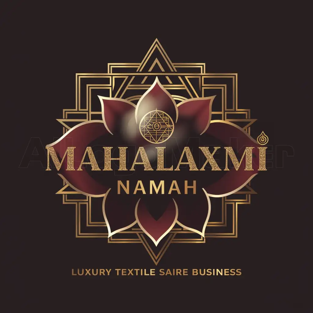 a logo design,with the text "Mahalaxmi  Namah", main symbol:Design a logo for "Mahalaxmi Namah," a textile and saree business, reflecting luxury and tradition. Incorporate the text "Mahalaxmi Namah" using the BlackChancery Regular font or a similar elegant style. The main icon should feature a lotus with "Mahalaxmi" written on it, surrounded by a fully visible Shri Yantra, ensuring it's not obscured by the figure of Mata Laxmi. Utilize a color scheme of gold, black gold, and similar rich tones to convey opulence. The logo should exude sophistication and be suitable for a brand in the textile and saree industry. Be creative while maintaining a sense of tradition and luxury.,Moderate,be used in Others industry,clear background