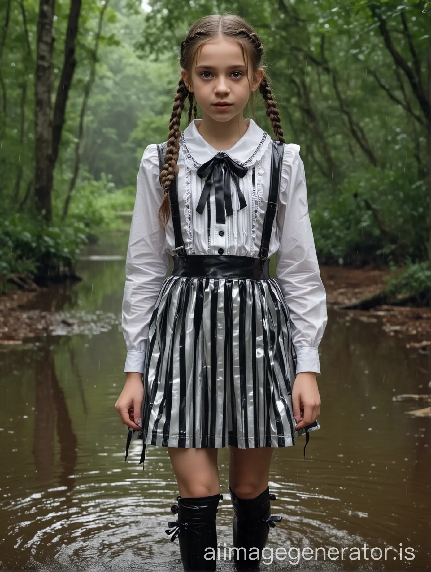 realistic photo in ULTRA FULL HD quality. eyes and face very clear and not blurry. 10 year old jewish ultraorthodox girl. extremely skinny, extremely pale.  two long braids. very big dark eyes. big shiny lolita satin ribbon in hair. she is stepping out of a forest lake in very strong summer rain. she is wearing a striped and extremely shiny satin sweet lolita outfit. collared. closed high until the neck. satin ribbon over the collar. shiny striped latex pinafore over the dress. texture of skin and clothes are very rich and highly realistic.