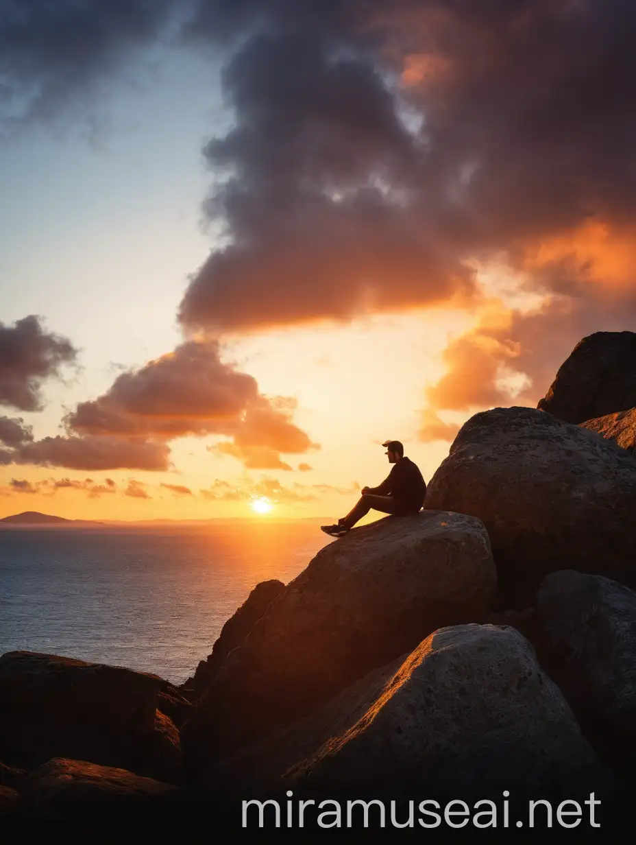غلاف كتاب عبارة عن  ظلال رجل ثلاثيني يجلس حزين علي صخرة في وقت غروب الشمس
