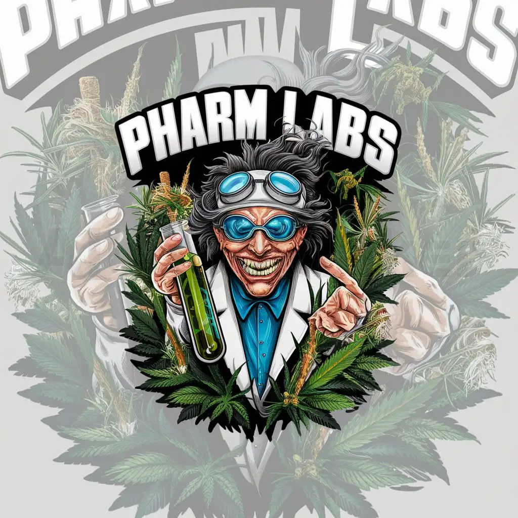 a logo design,with the text "Pharm Labs", main symbol:a highly detailed nft of a mad scientist with lots of weed and joints,Moderate,be used in Others industry,clear background
