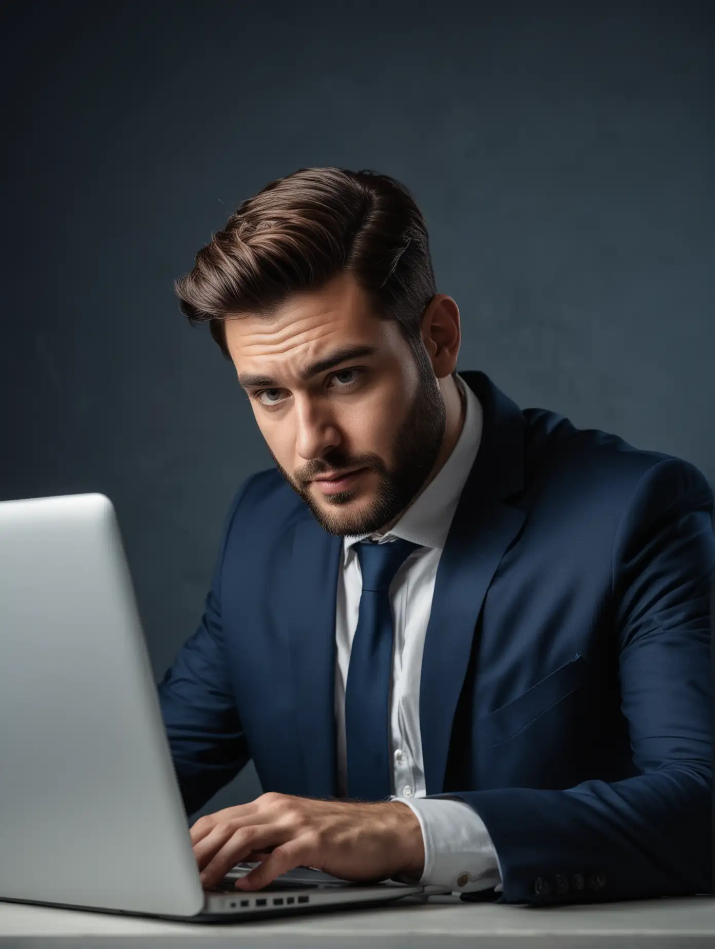 Professional Sales Rep Working at Laptop in Dark Blue Theme