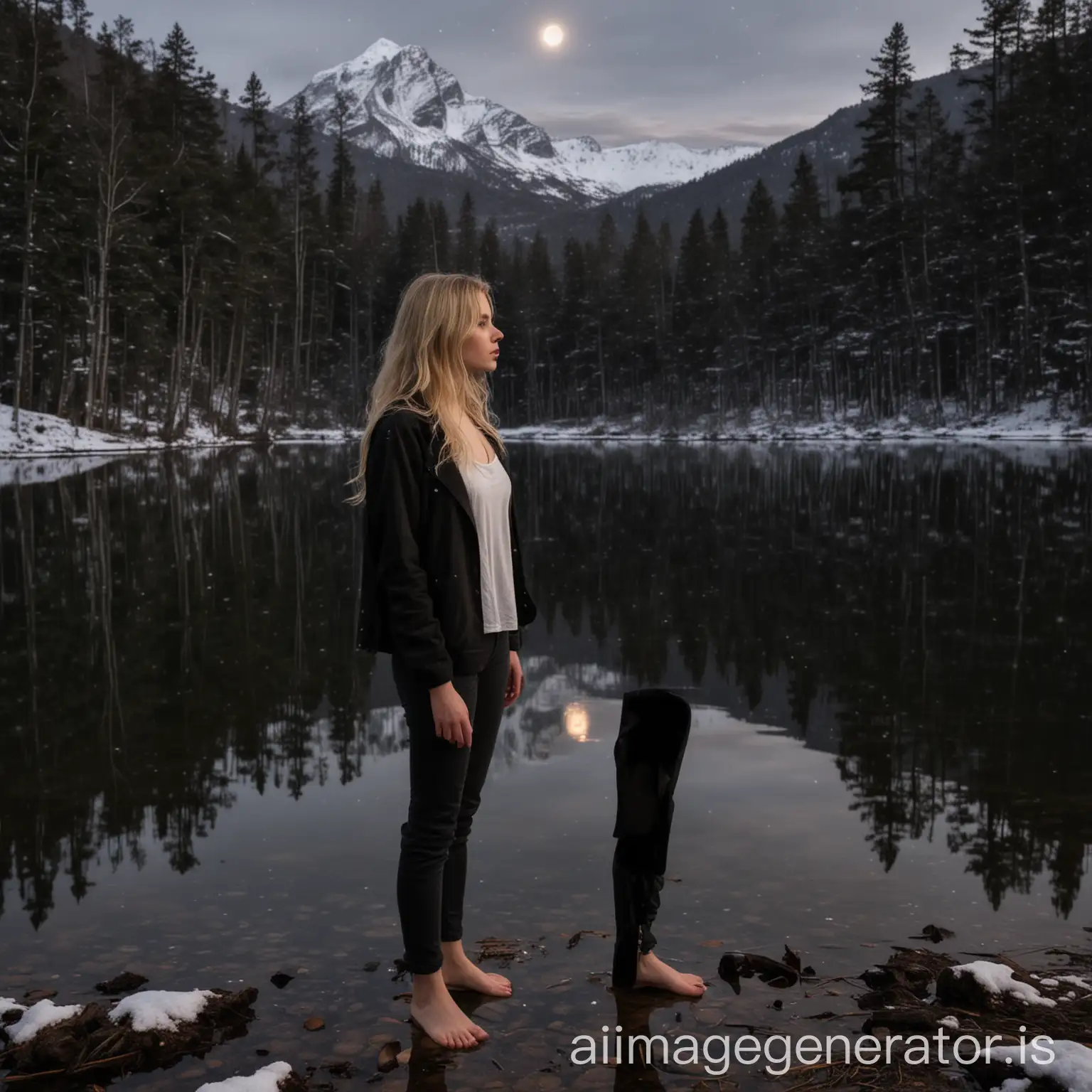 une jeune fille de 19 ans, blonde, pieds nus, qui porte un pantalon noir et une veste noire, se tient face à un lac dans une forêt sombre, pendant une nuit de pleine lune. Une montagne enneigée se trouve en arrière-plan. 