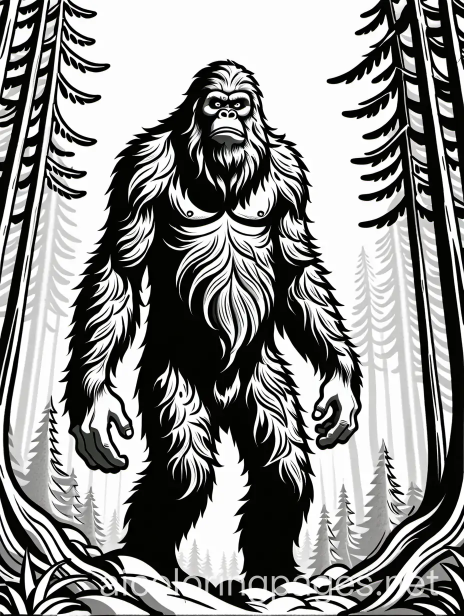 A tall Sasquatch having a human face and long arms hanging down to the ankles with long hair., Coloring Page, black and white, line art, white background, Simplicity, Ample White Space. The background of the coloring page is plain white to make it easy for young children to color within the lines. The outlines of all the subjects are easy to distinguish, making it simple for kids to color without too much difficulty