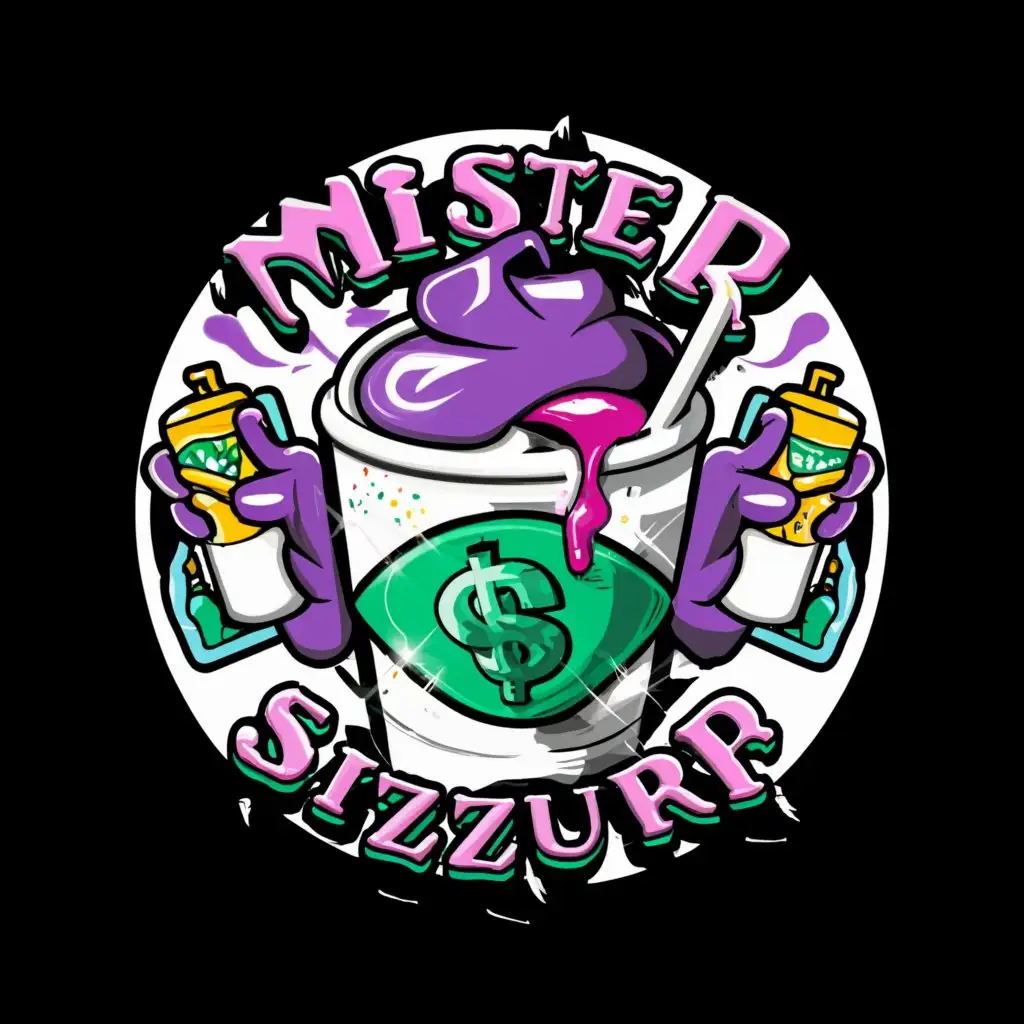 a logo design,with the text "Mister Sizzurp ", main symbol:White cup, purple syrup, money, Sprite, gangster, Chicano style,complex,clear background